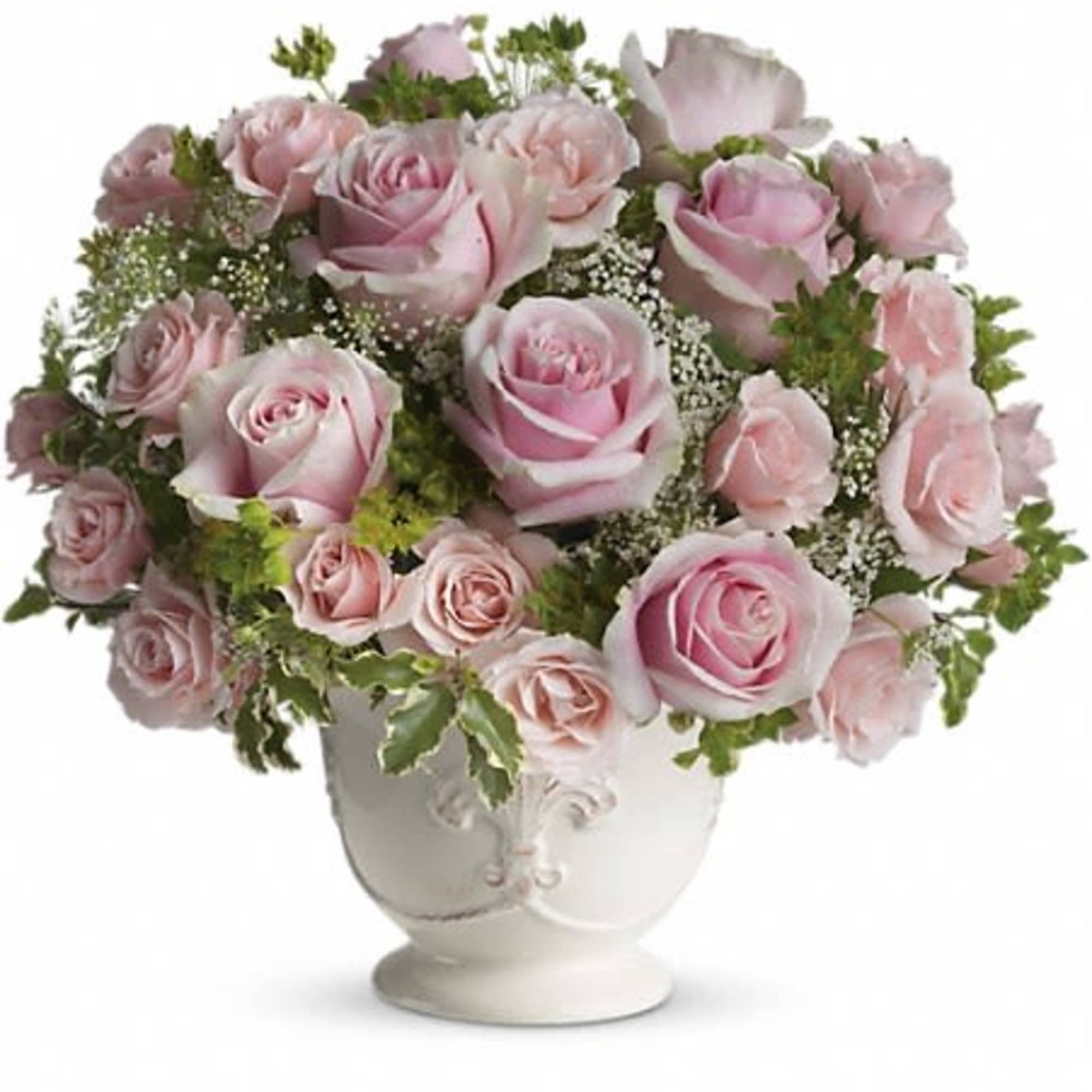Pink roses arranged in a white vase