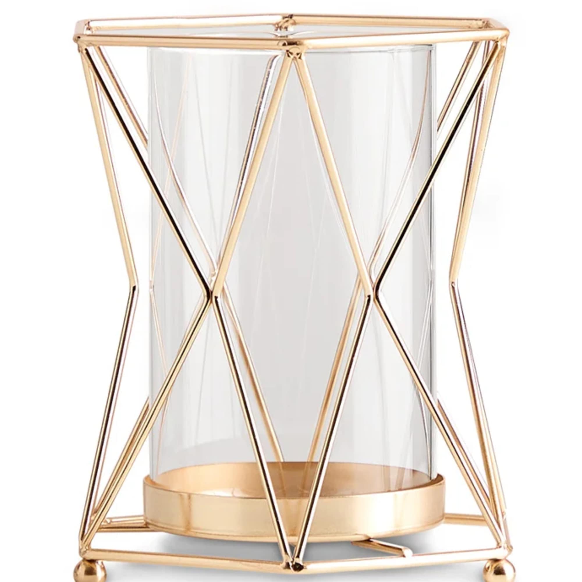 A lush, garden-inspired arrangement designed in a modern gold geometric vase. Featuring