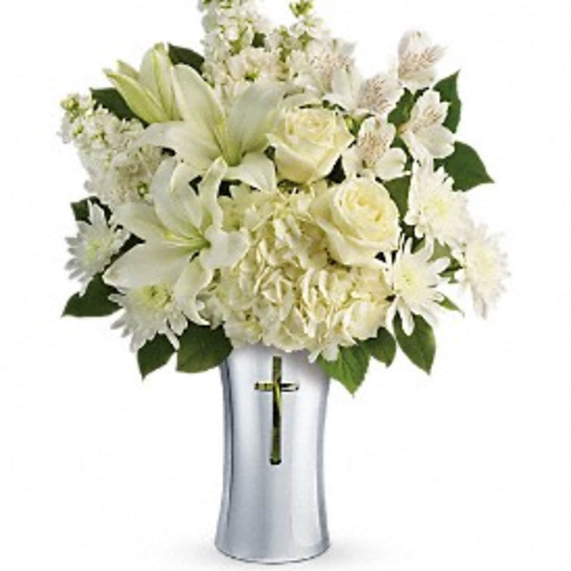 White floral arrangement in a silver vase with lilies and roses
