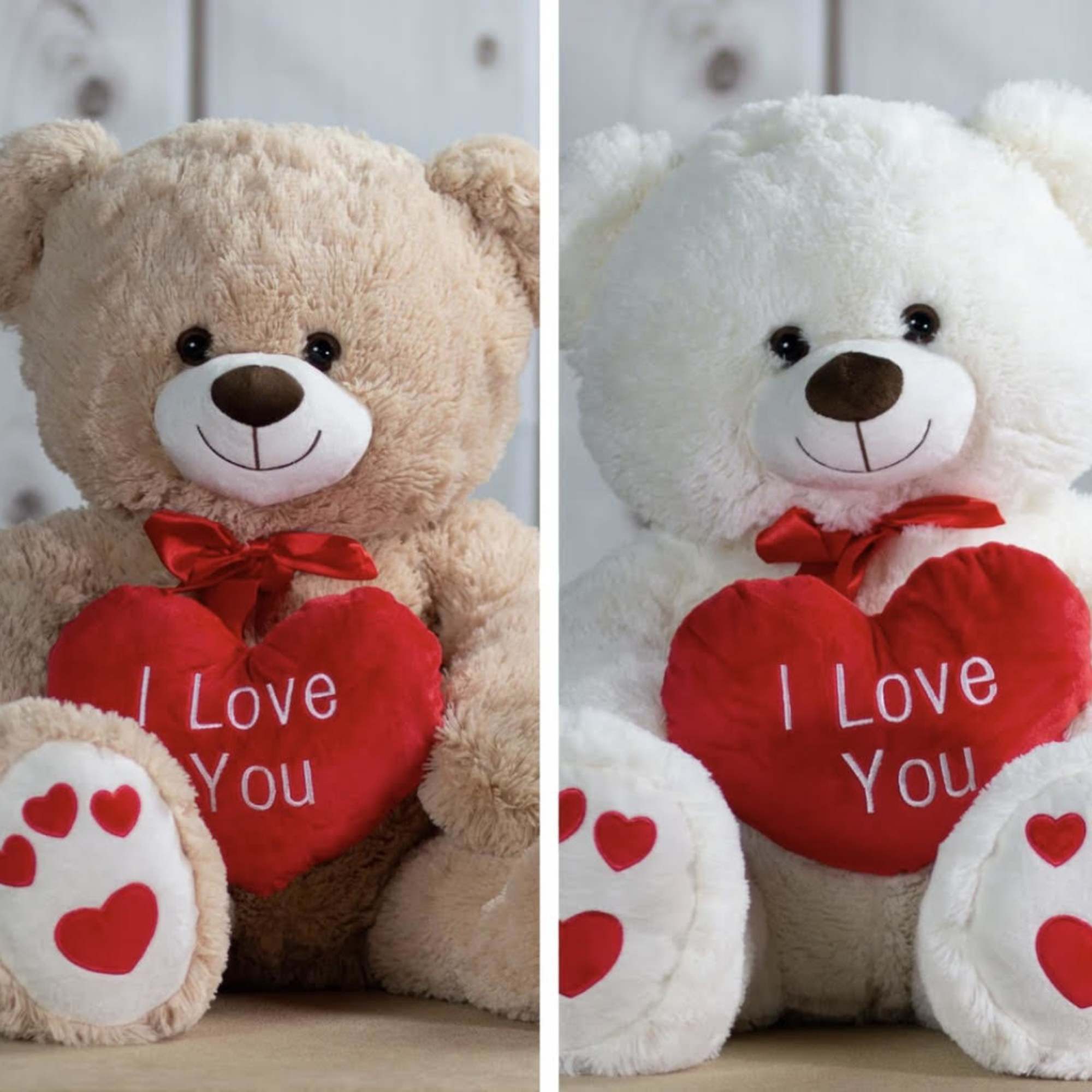 Two teddy bears holding red heart pillows that say I Love You