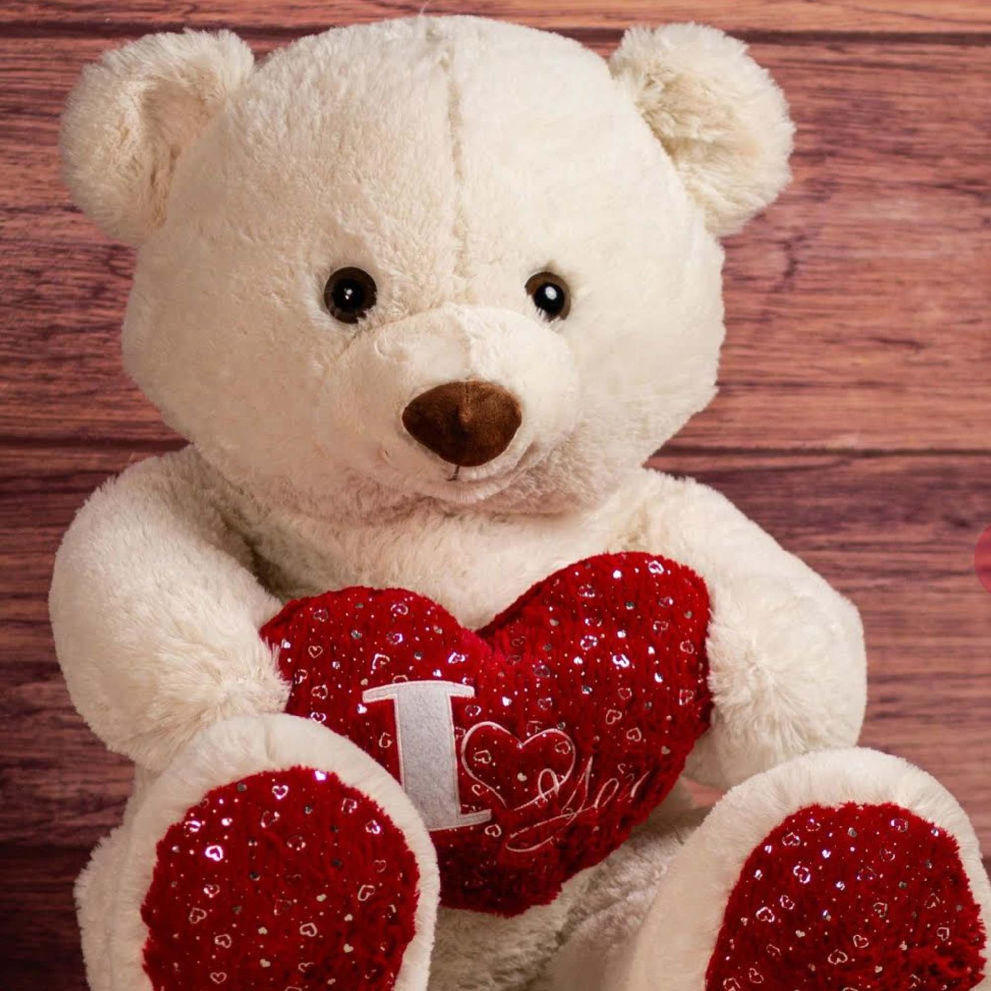 White teddy bear holding a red heart pillow