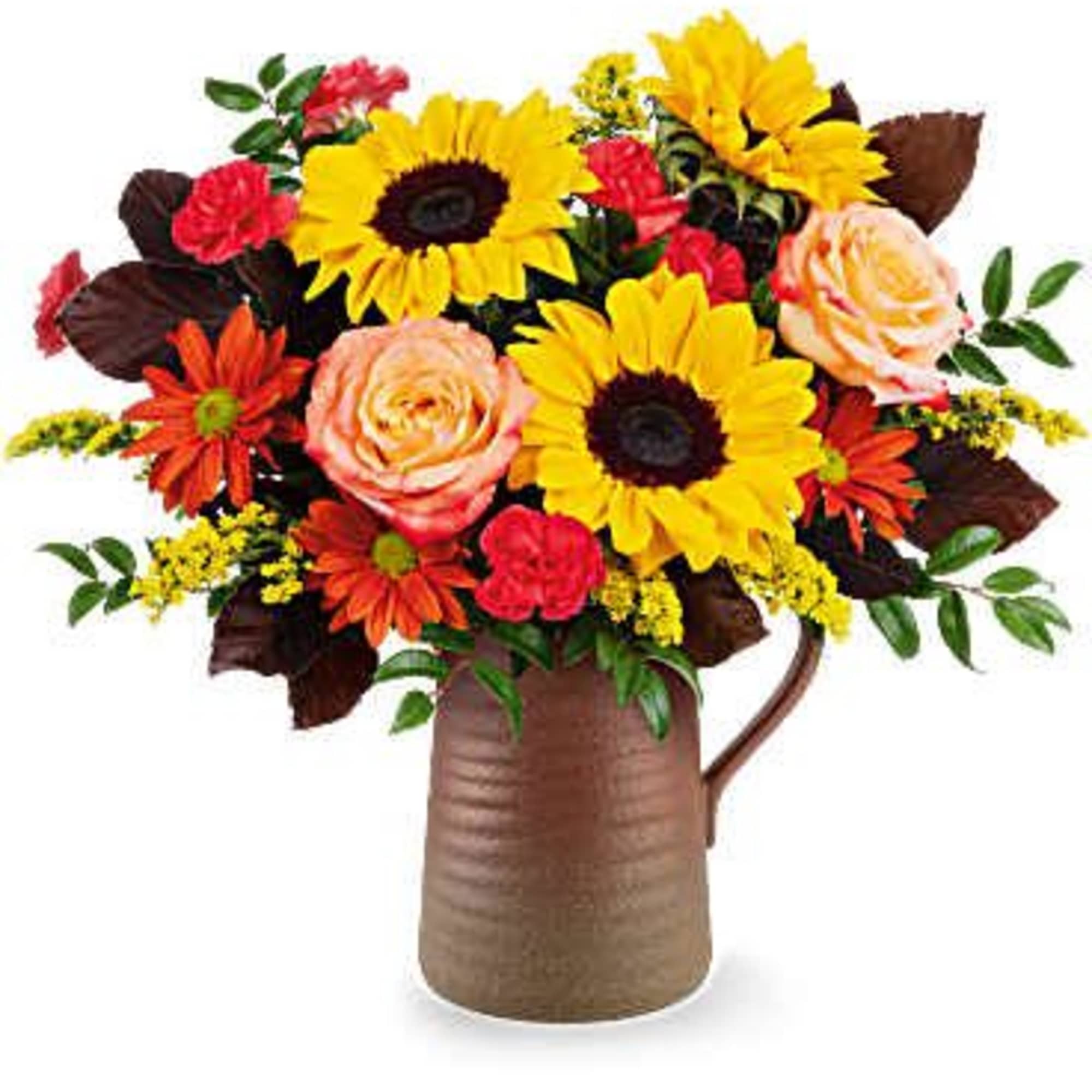 Celebrate the season with the Sunburst Harmony Bouquet. Featuring cheerful sunflowers, rich