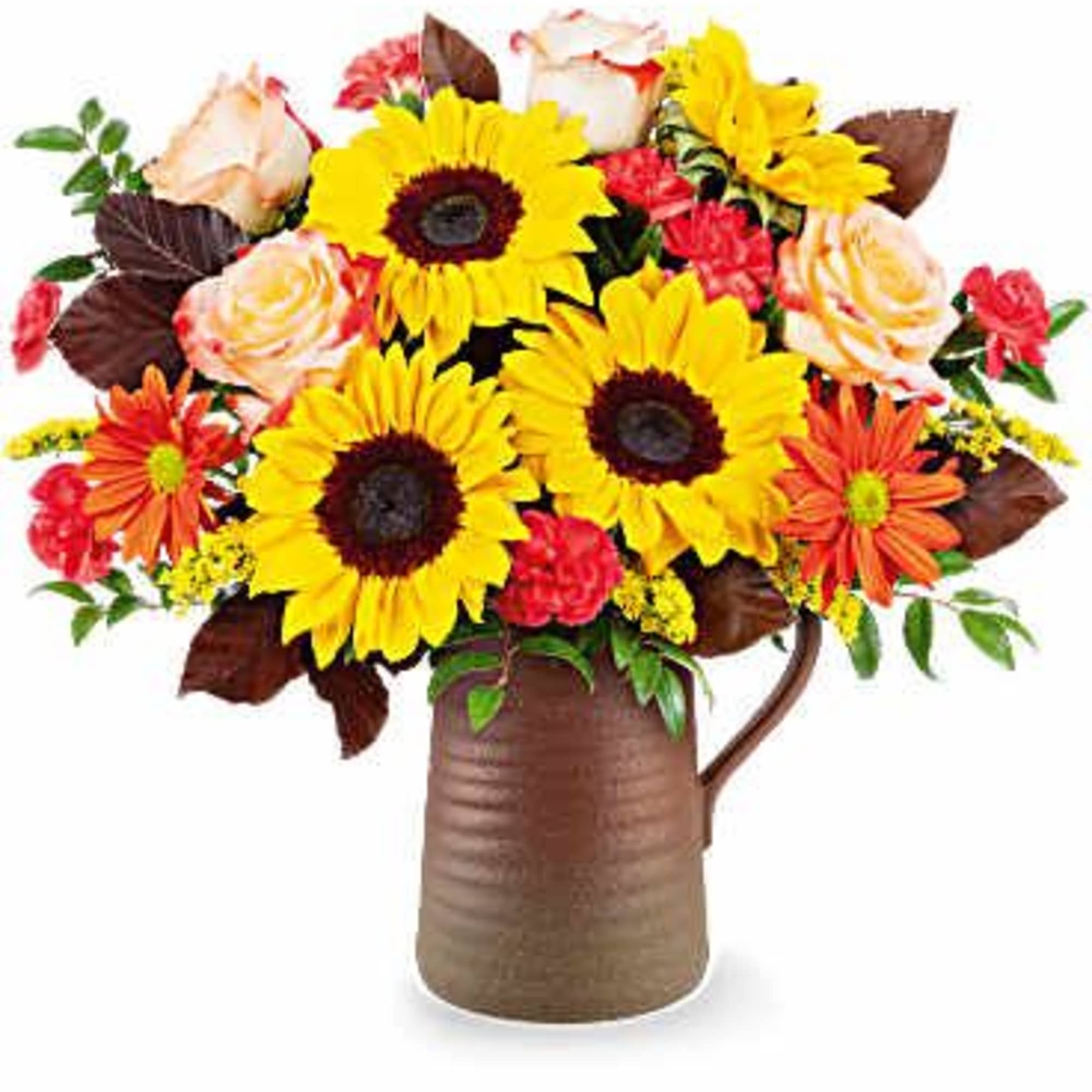 Celebrate the season with the Sunburst Harmony Bouquet. Featuring cheerful sunflowers, rich