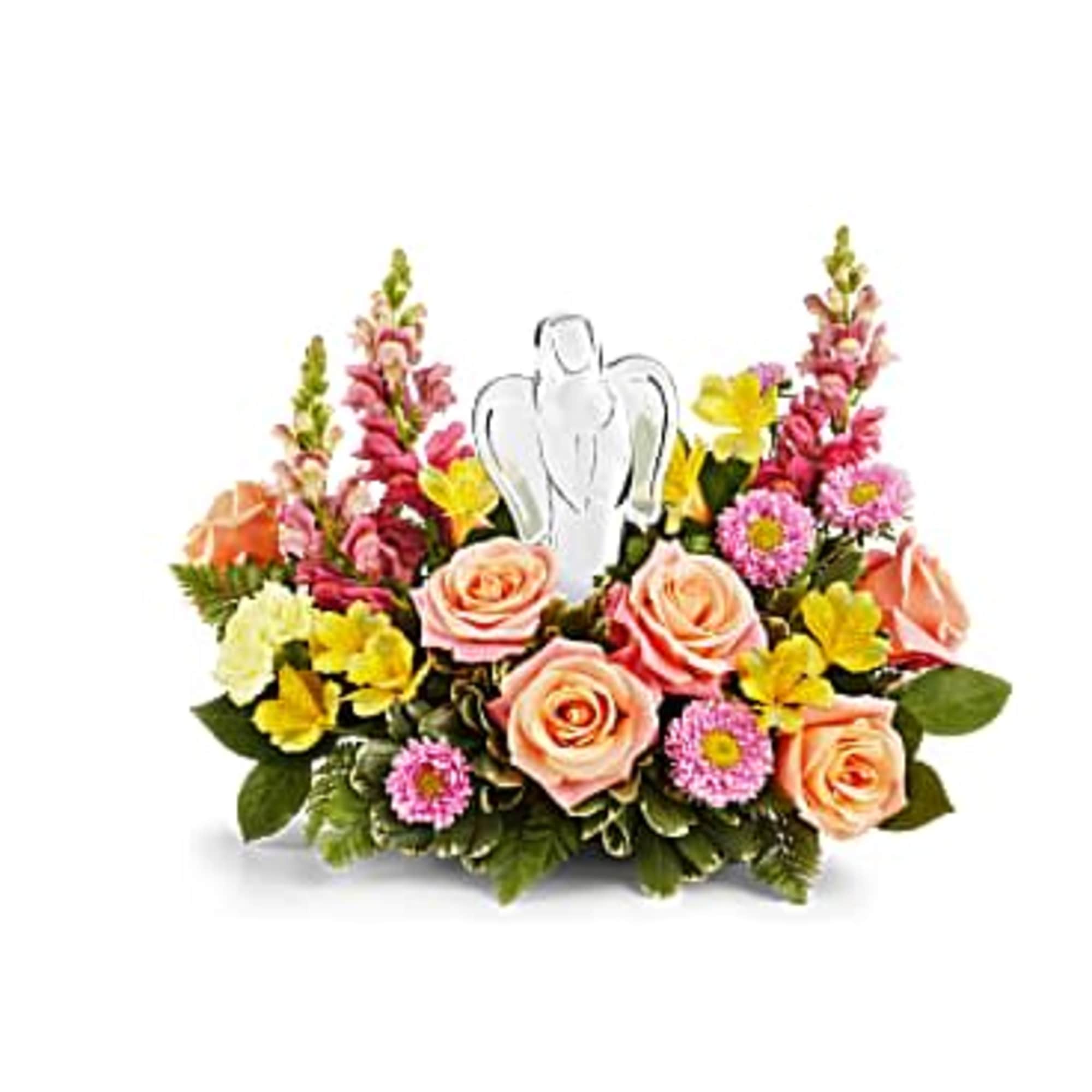 Mixed bouquet with peach roses, pink flowers, and a clear angel pick