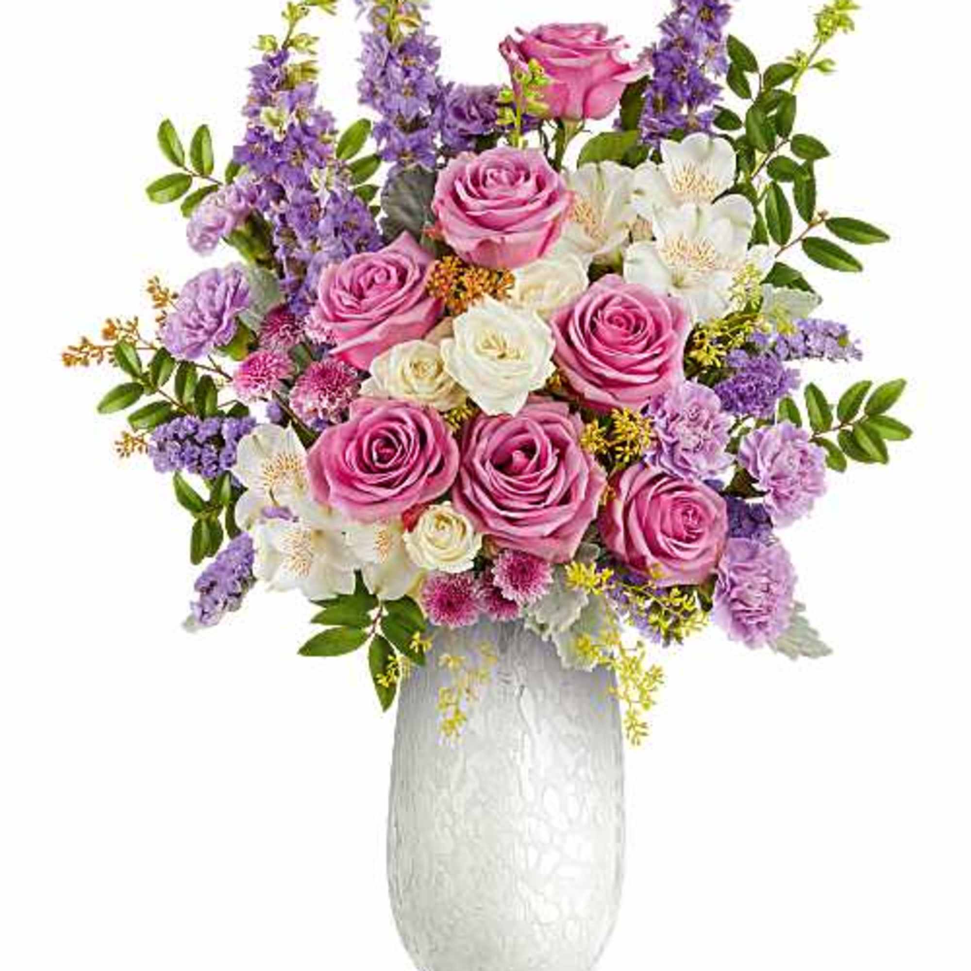 Pink and white roses with purple flowers in a white vase