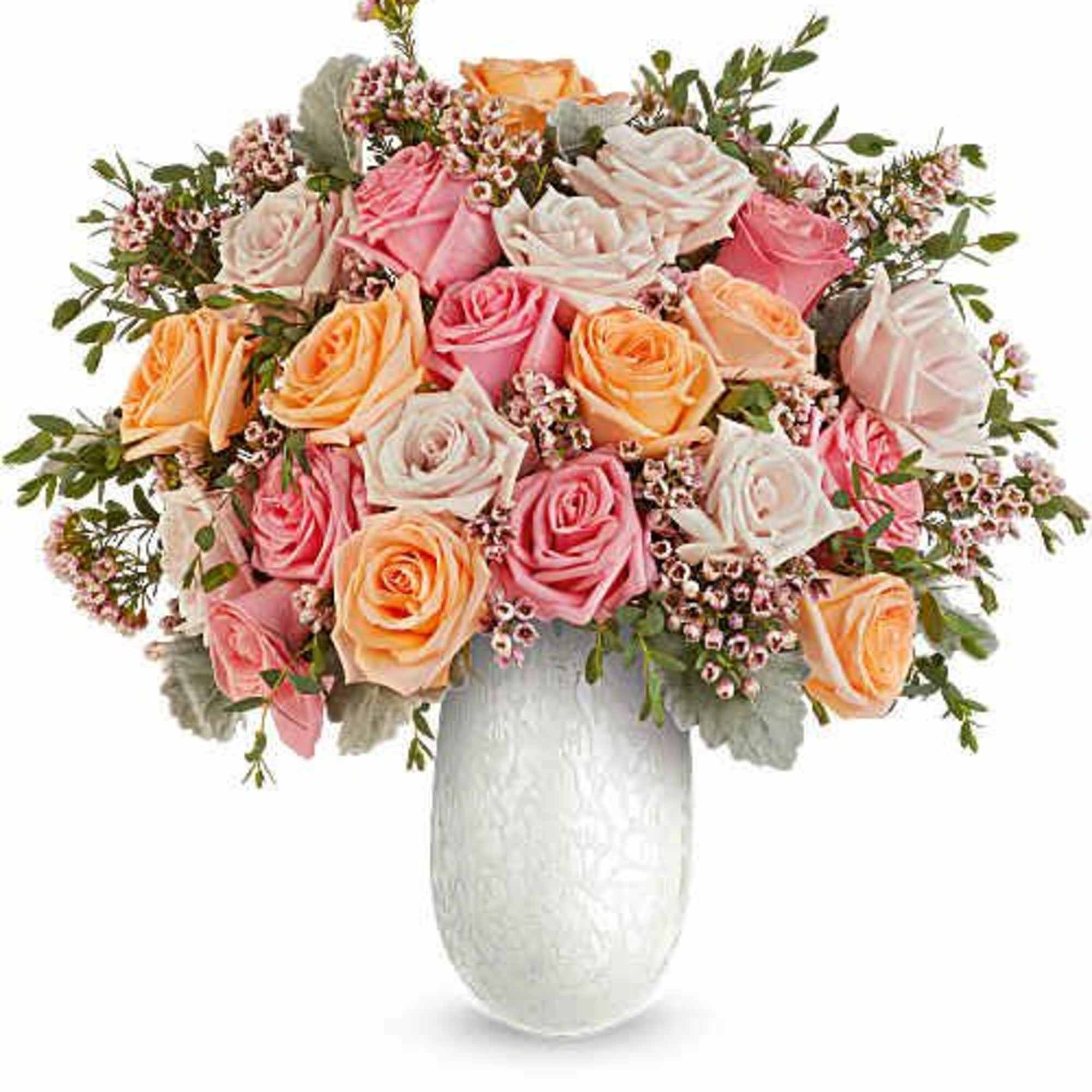 Bouquet of pink, peach, and white roses in a white vase