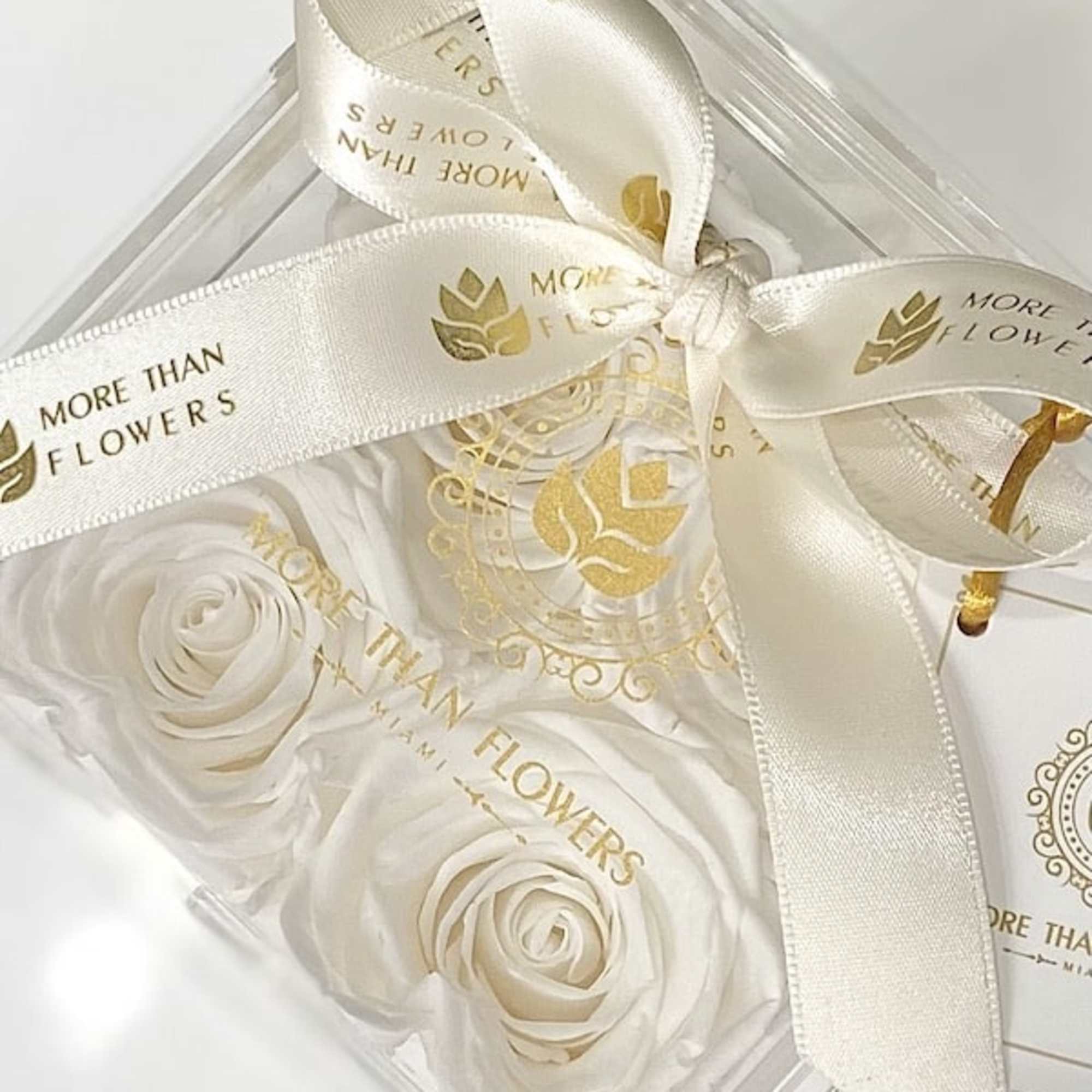 Clear box of white roses with gold logo and ivory ribbon bow