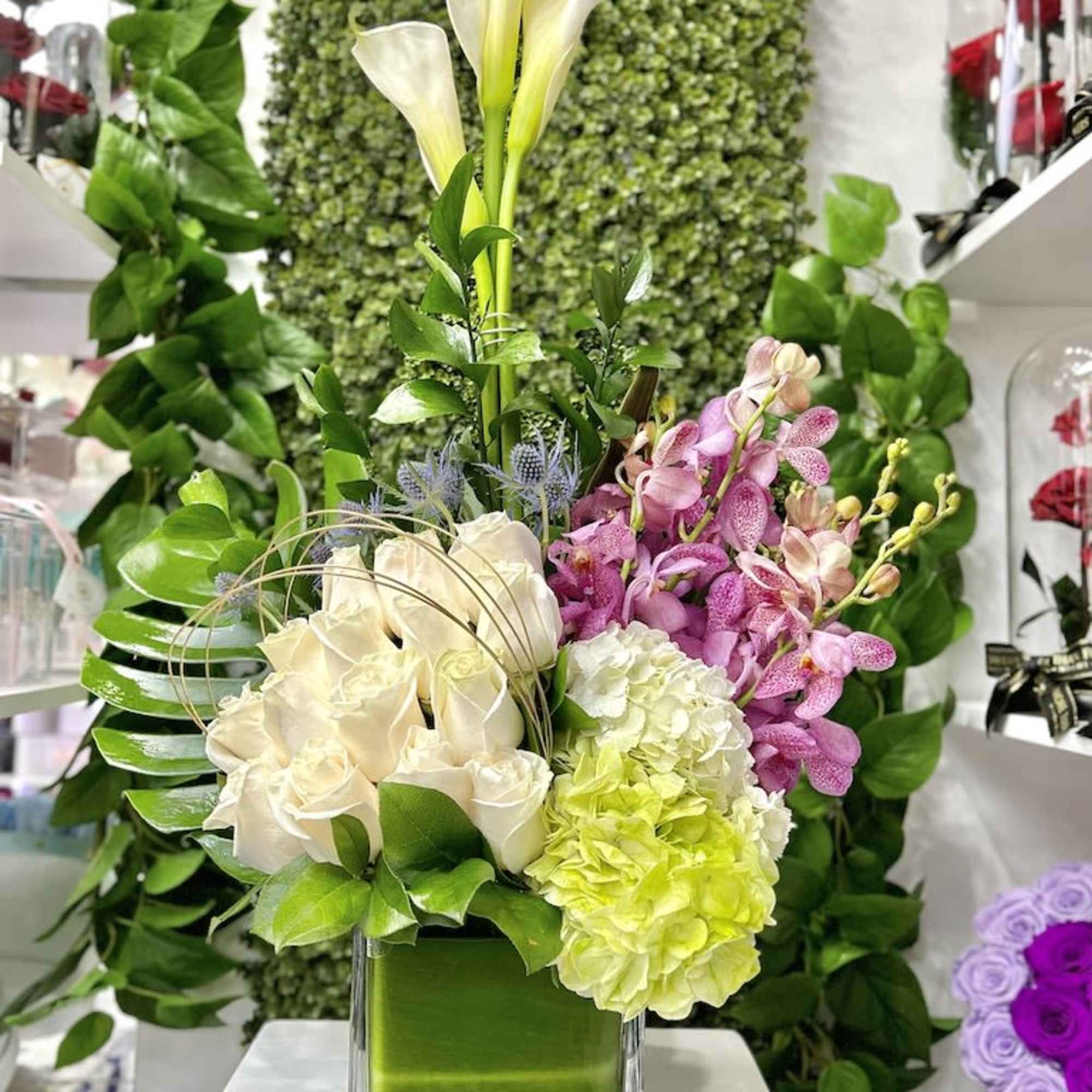 Tall arrangement of white calla lilies, roses, green hydrangeas and pink orchids in a green-lined glass cube vase