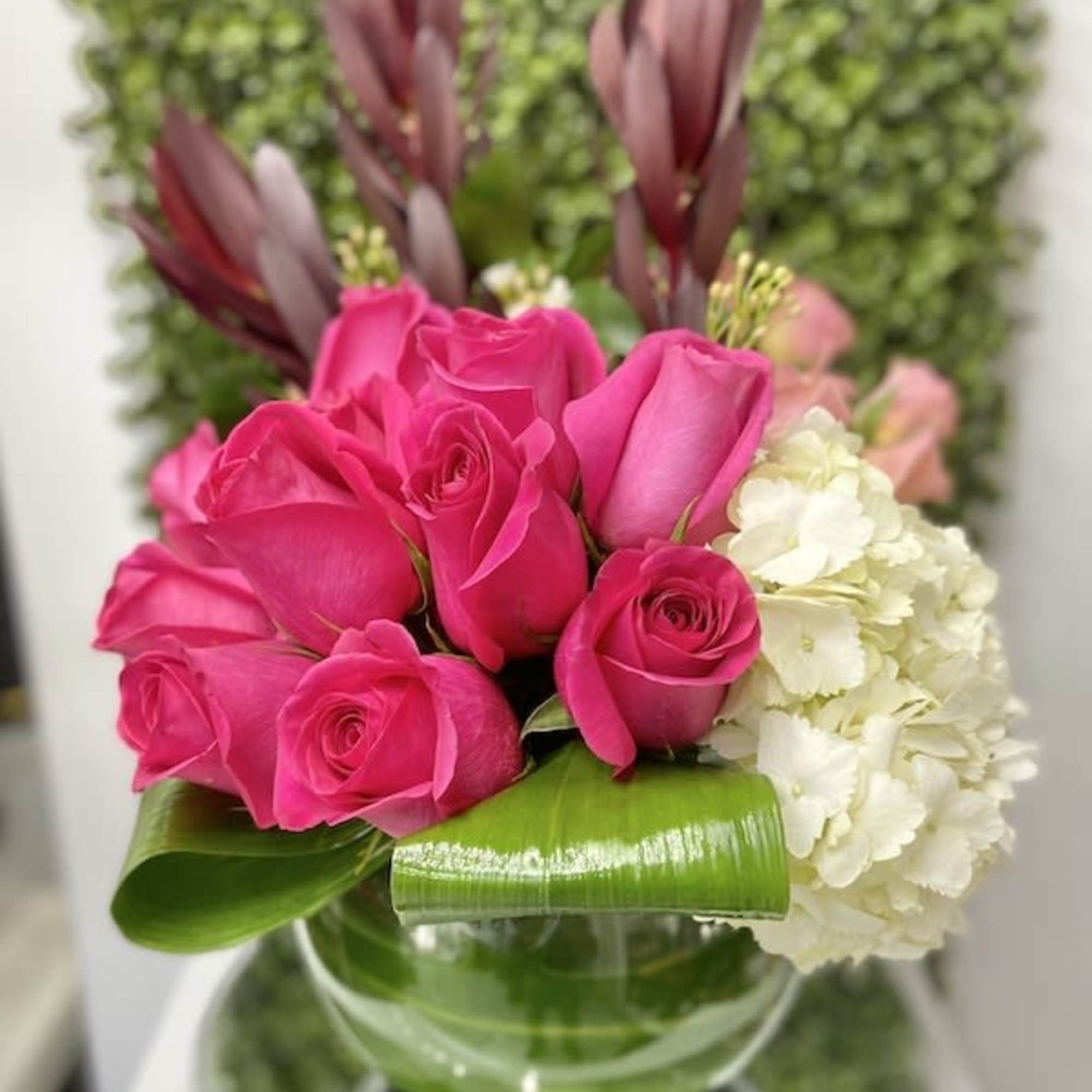 Low glass vase with hot pink roses, white hydrangea, and looped green leaves in a compact arrangement