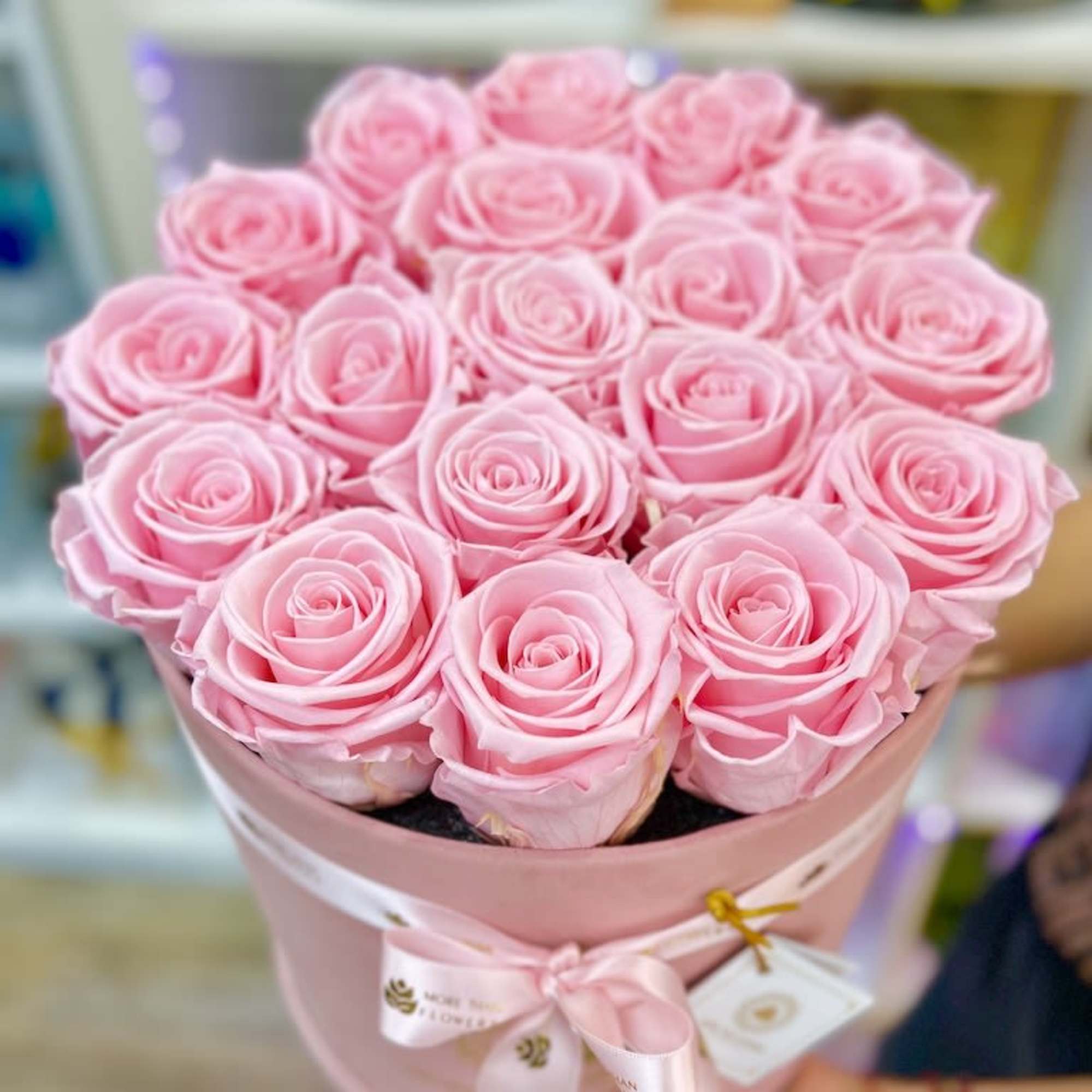 Round box of tightly packed light pink roses with a matching pink ribbon bow.