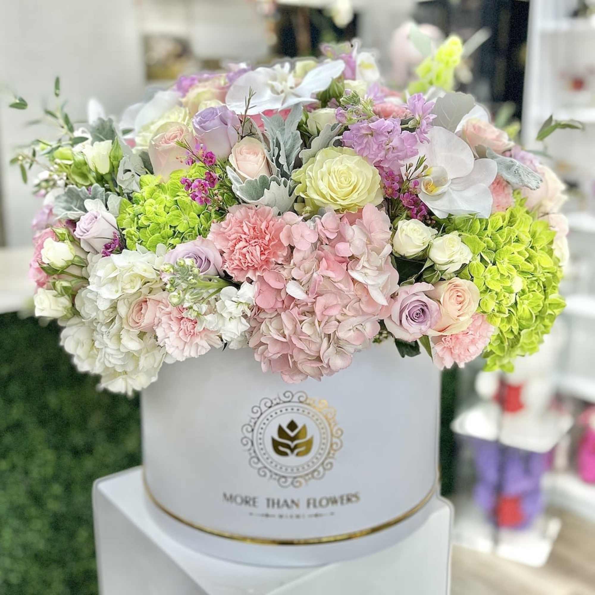 Pastel arrangement of roses, hydrangeas, carnations and orchids in a round white hat box.