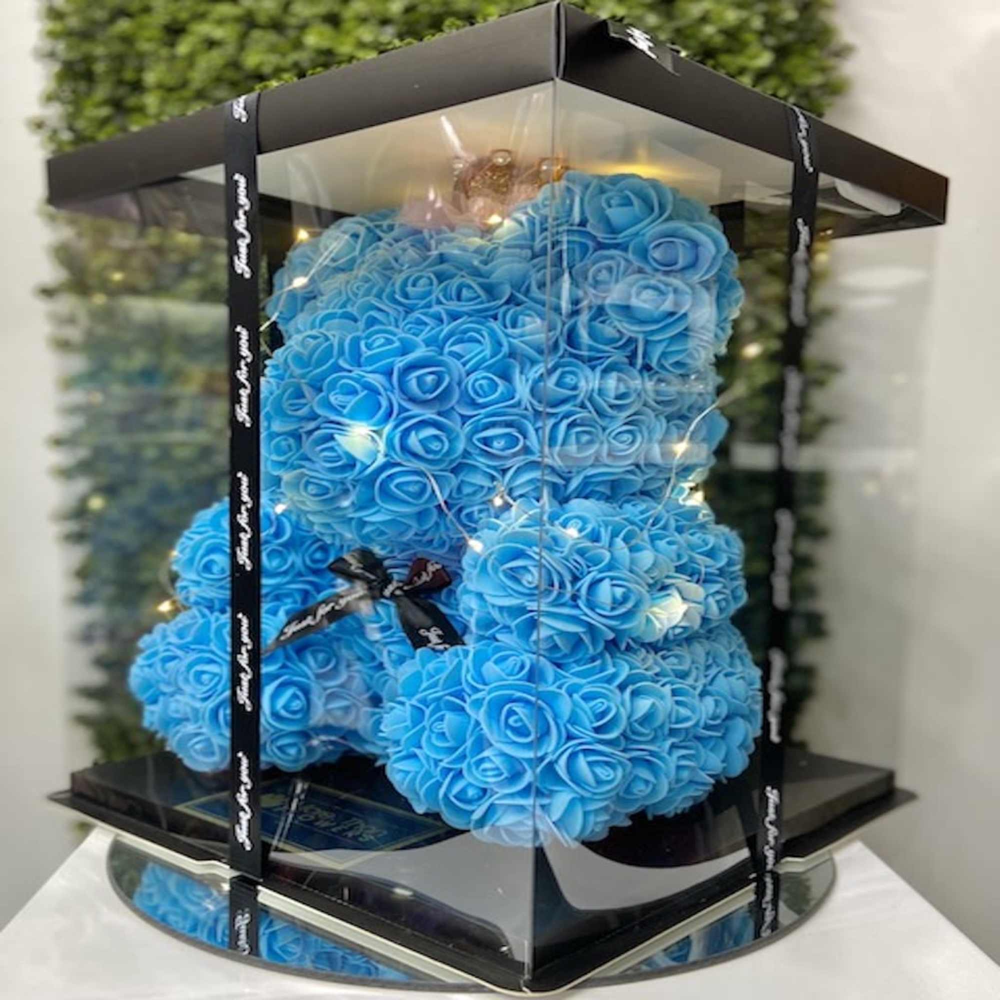 Blue rose teddy bear in a clear display box with black ribbons and lights