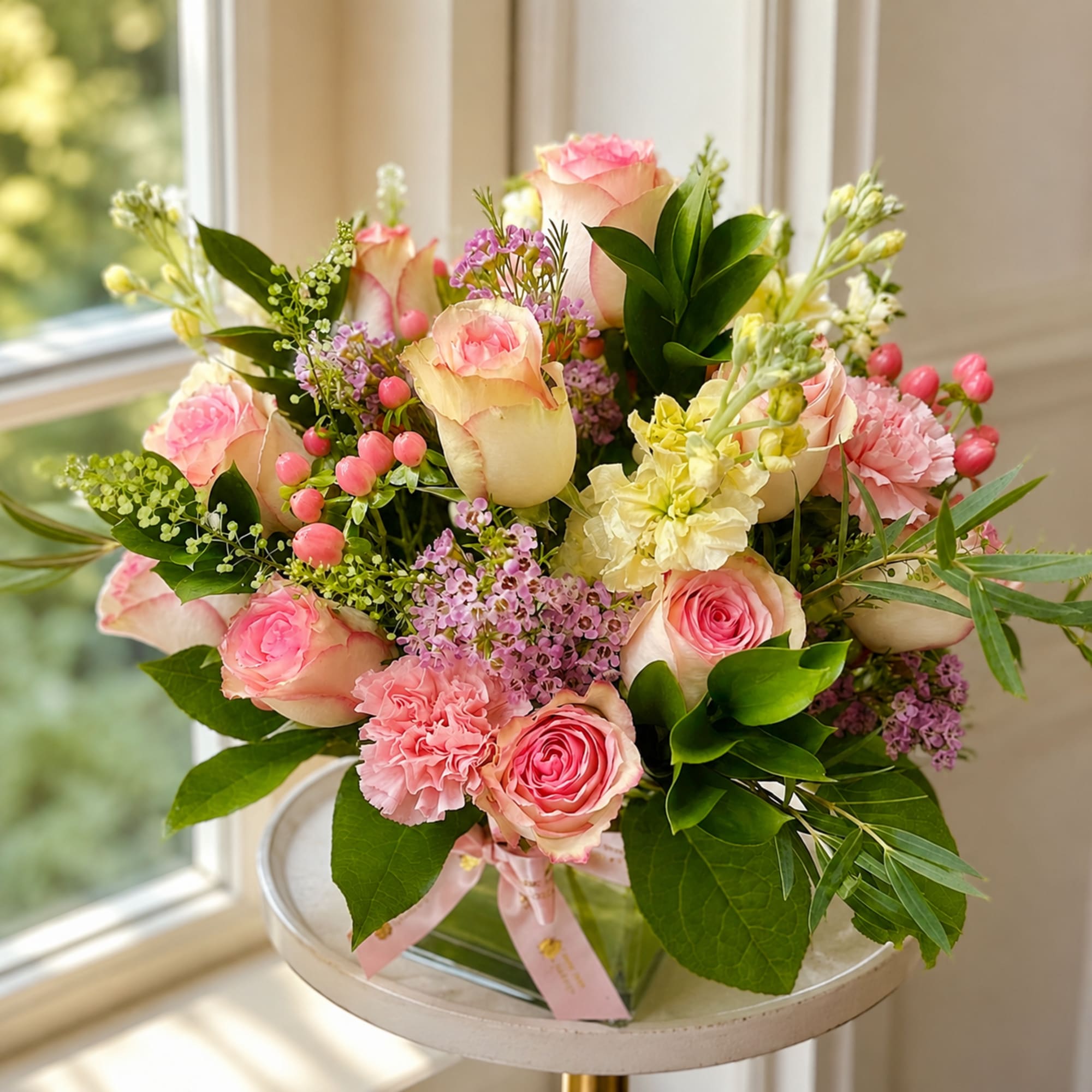 Nice and Cute flower composition of flowers placed in a cube crystal, photo 2 of 4