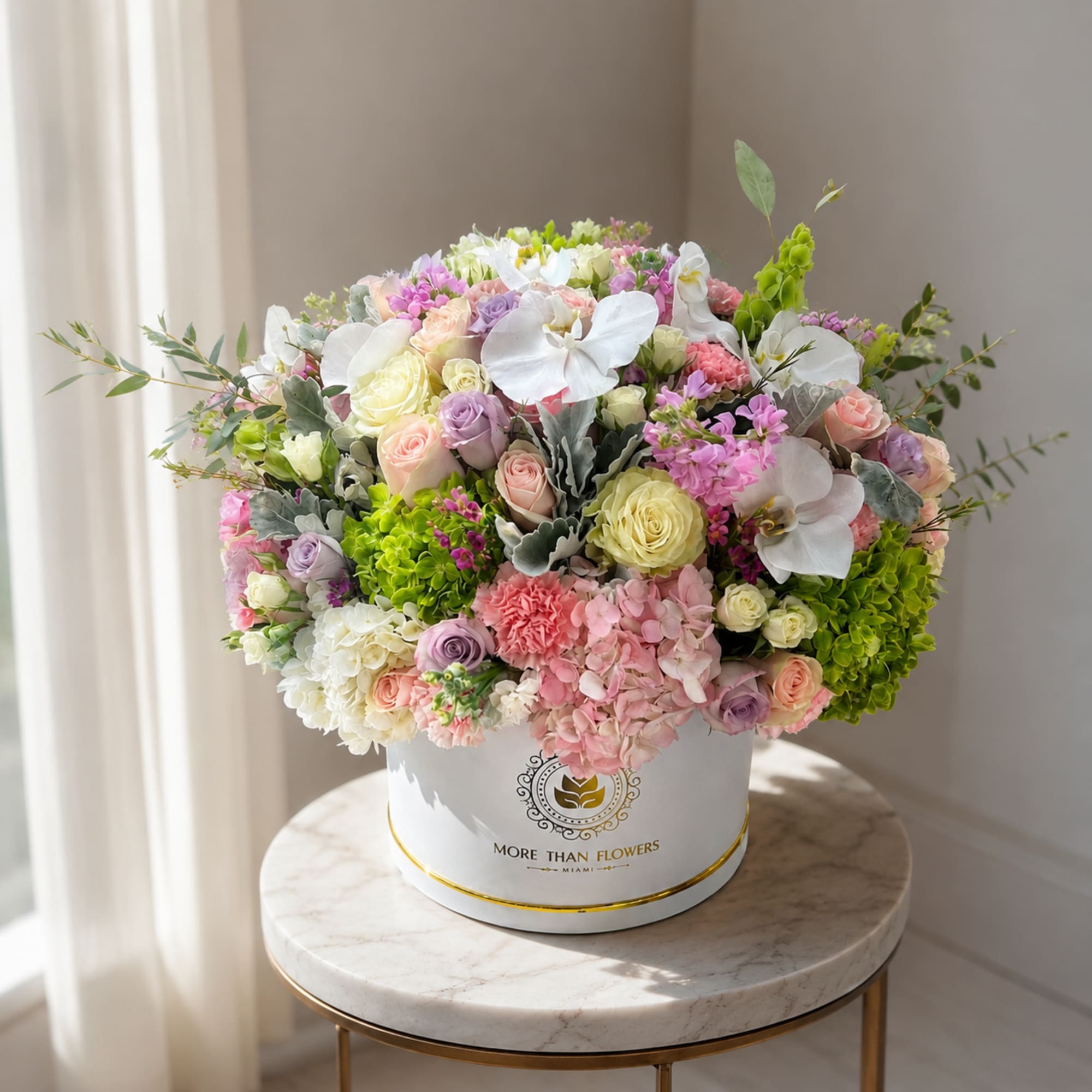 Lush dome of pastel roses, baby roses, lavender and phalaenopsis orchids in, photo 4 of 5