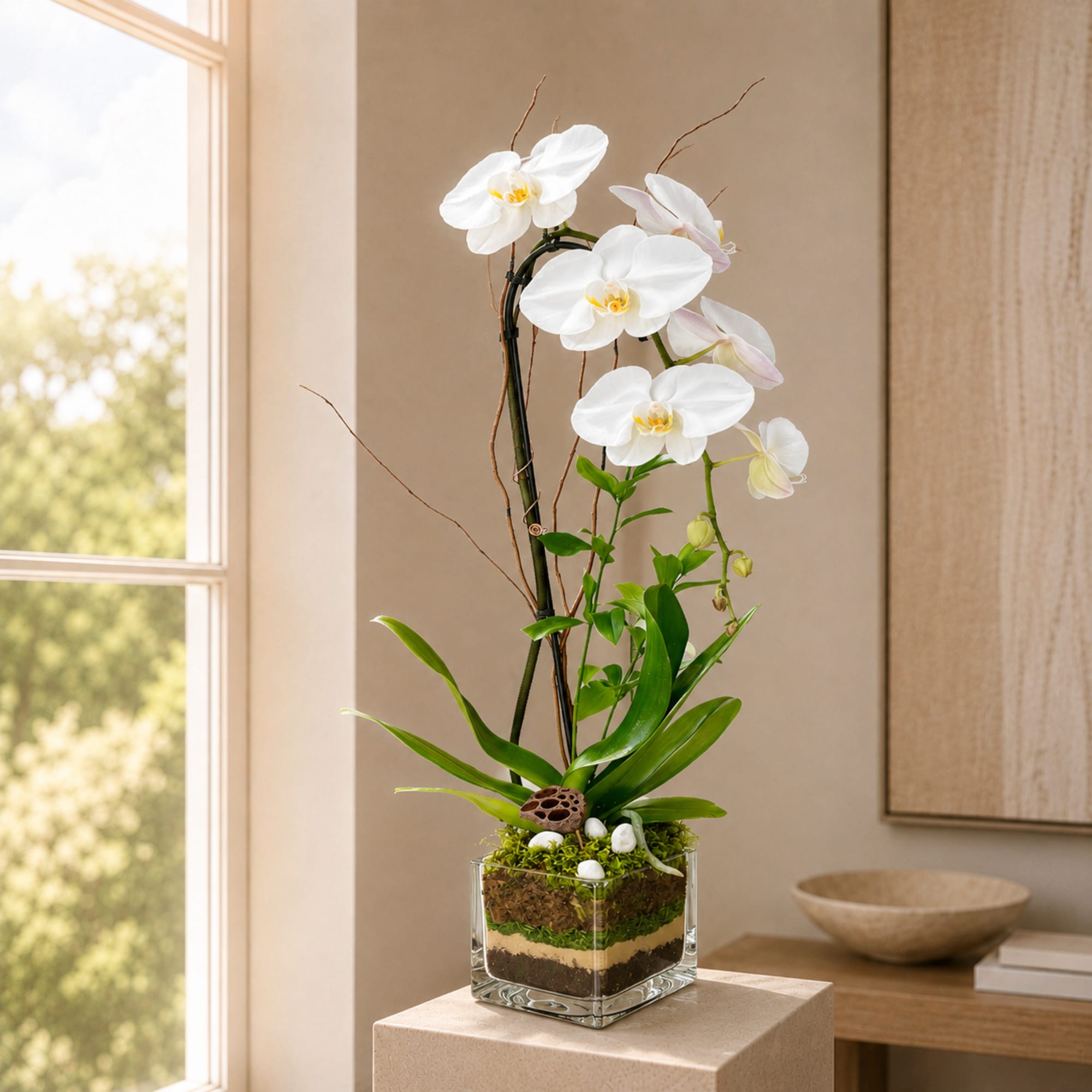 Orchids White Plant: 1 single stem accented with greens, stones, curly willow