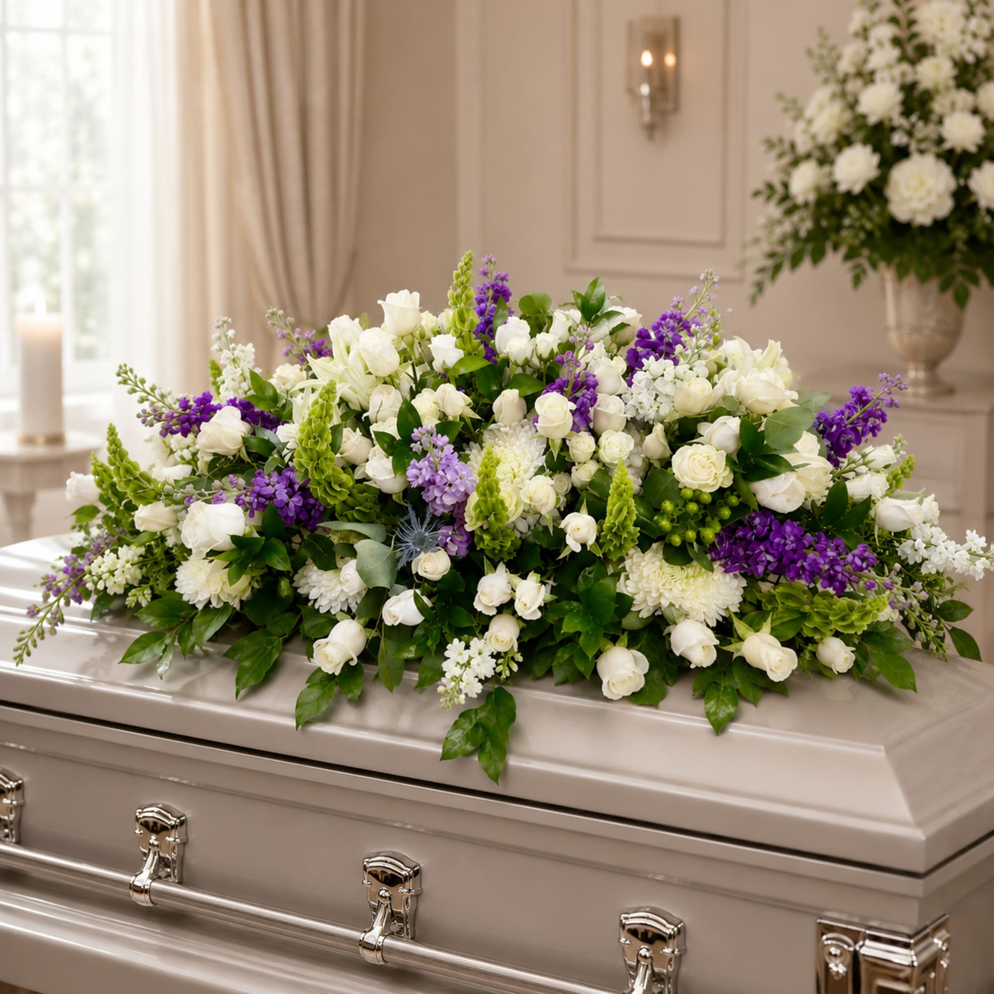 White and purple floral spray arranged on a casket