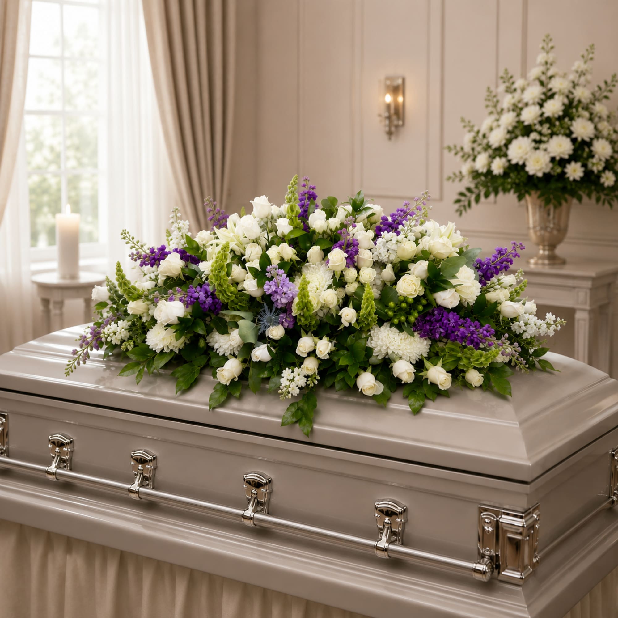 White and purple floral spray on a casket in a funeral room