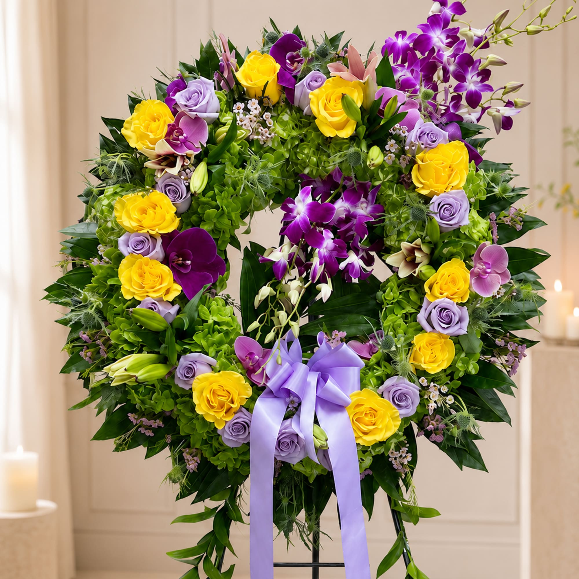 Large heart-shaped floral wreath with yellow and lavender roses and purple orchids