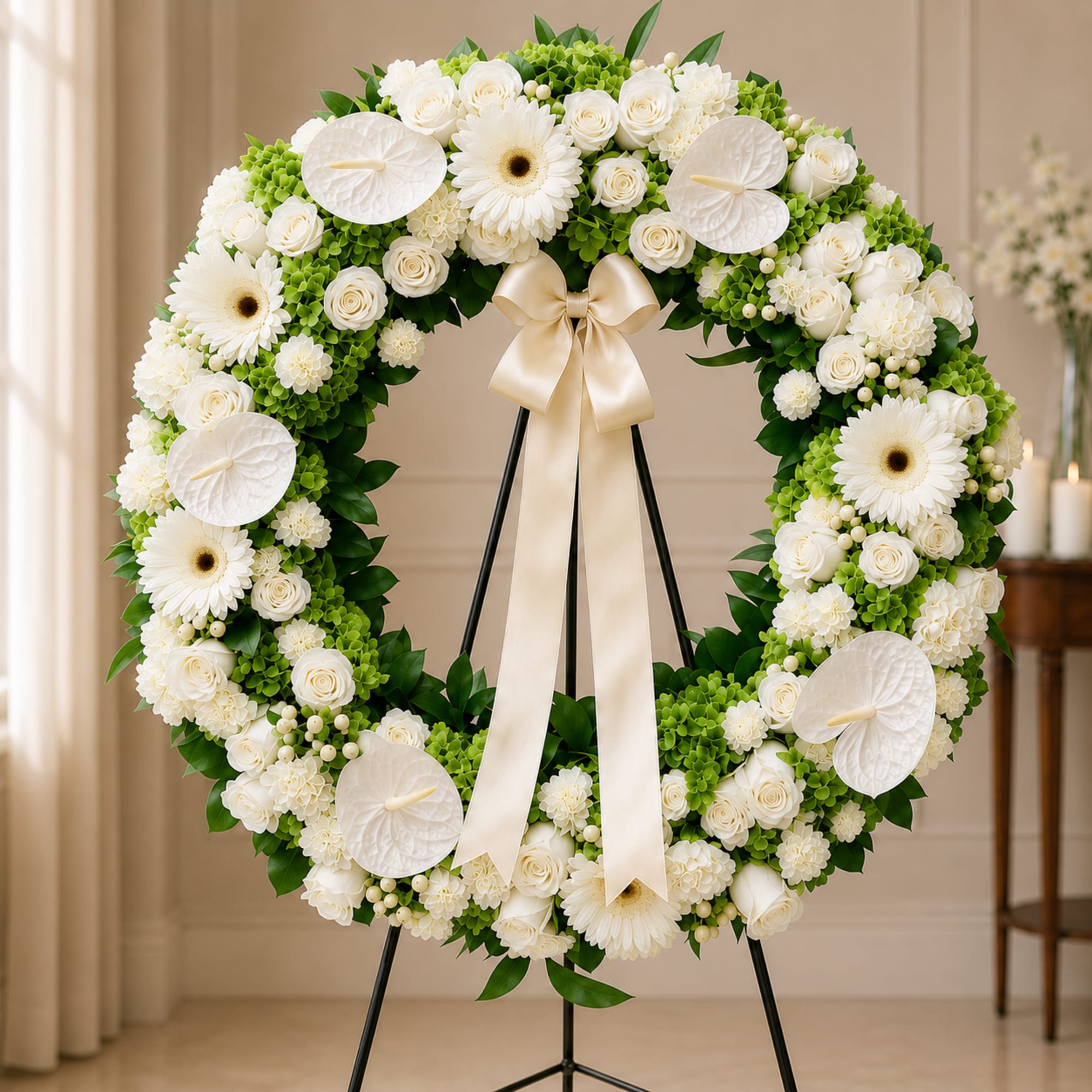 White floral wreath on a stand with a cream ribbon bow