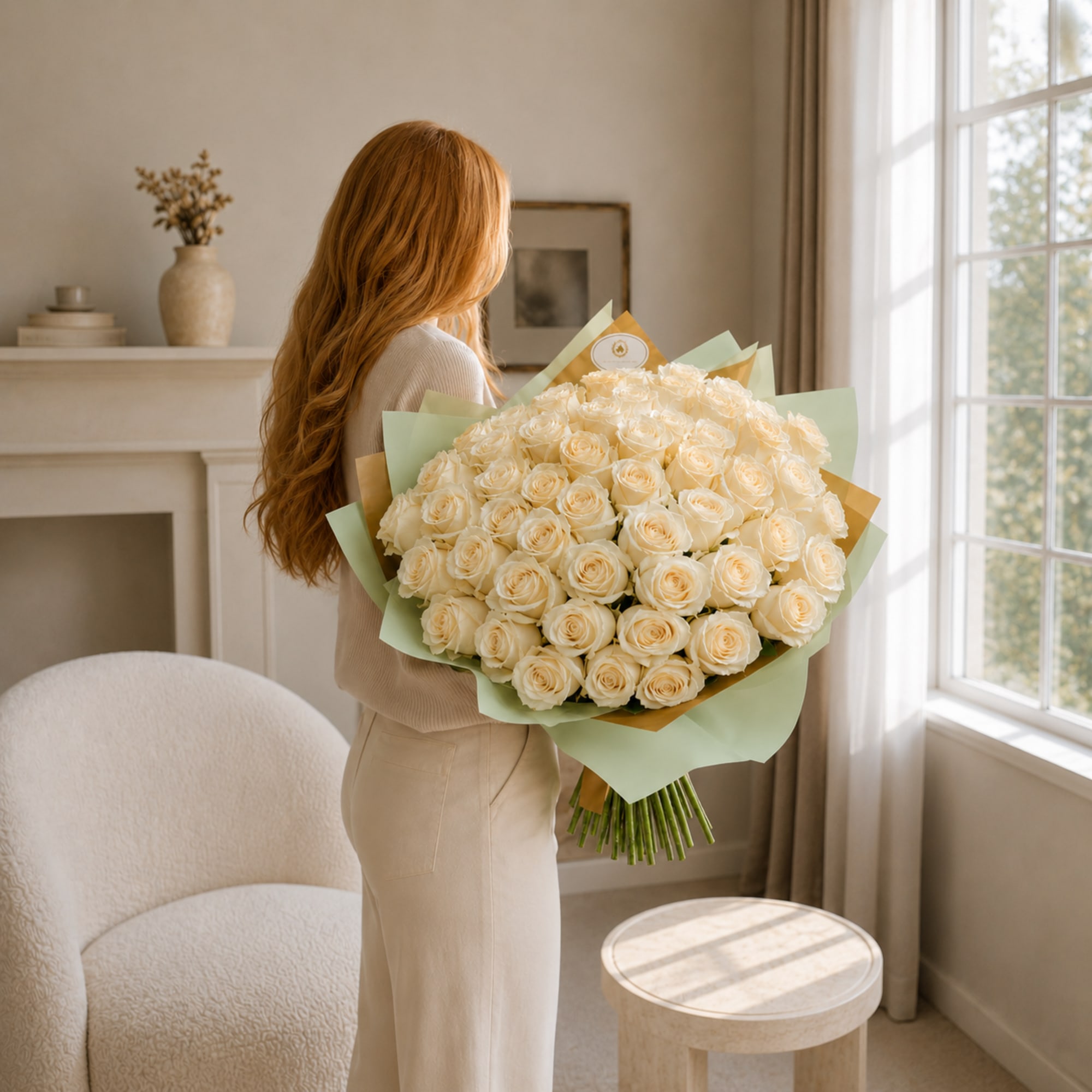 Woman holding a large bouquet of cream roses wrapped in pale paper