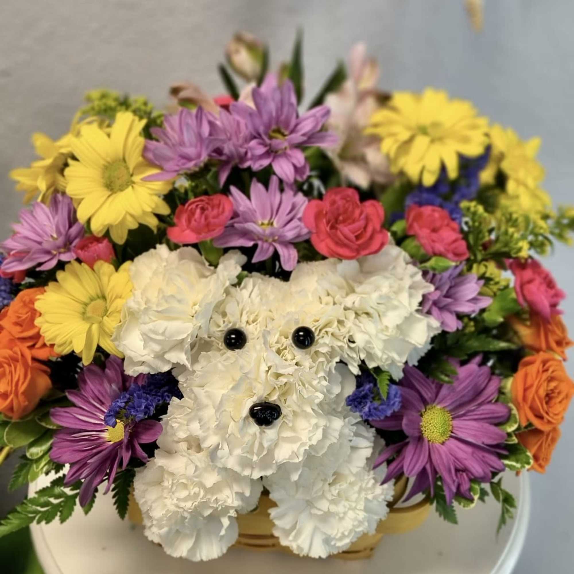 Dog-shaped flower arrangement with white carnations and colorful daisies