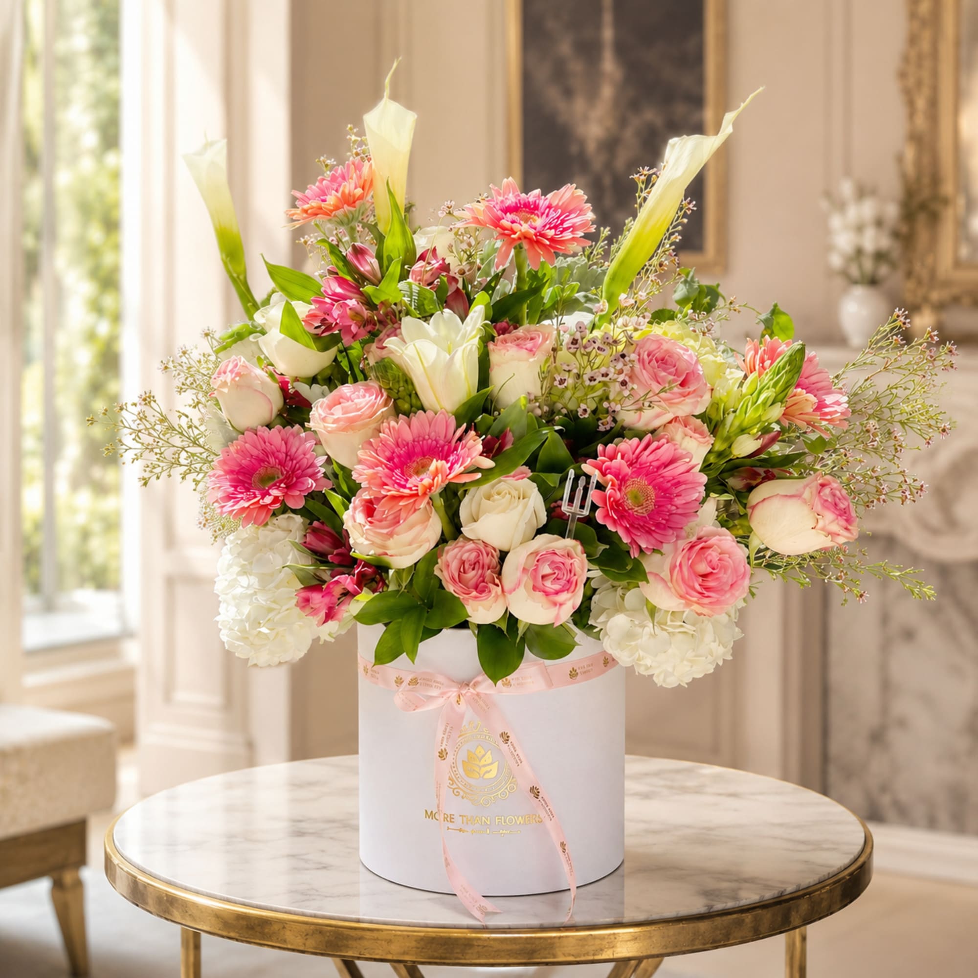 Pink and white mixed flower arrangement in a white hatbox with ribbon