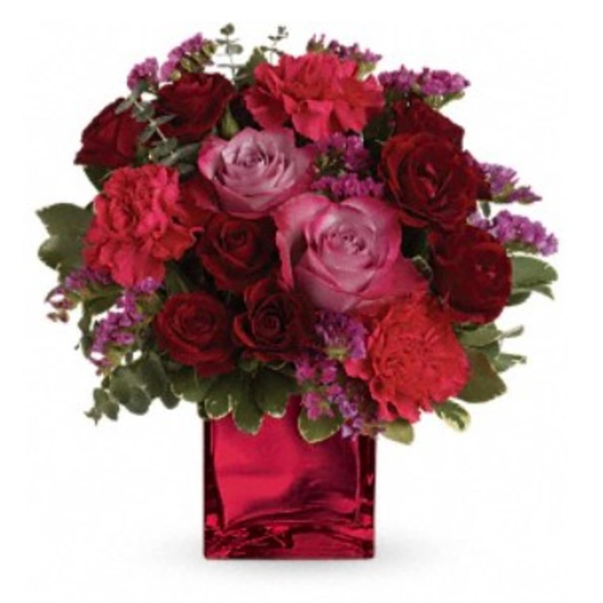 Pure passion. Bedazzle your beloved with luscious red and lavender roses in