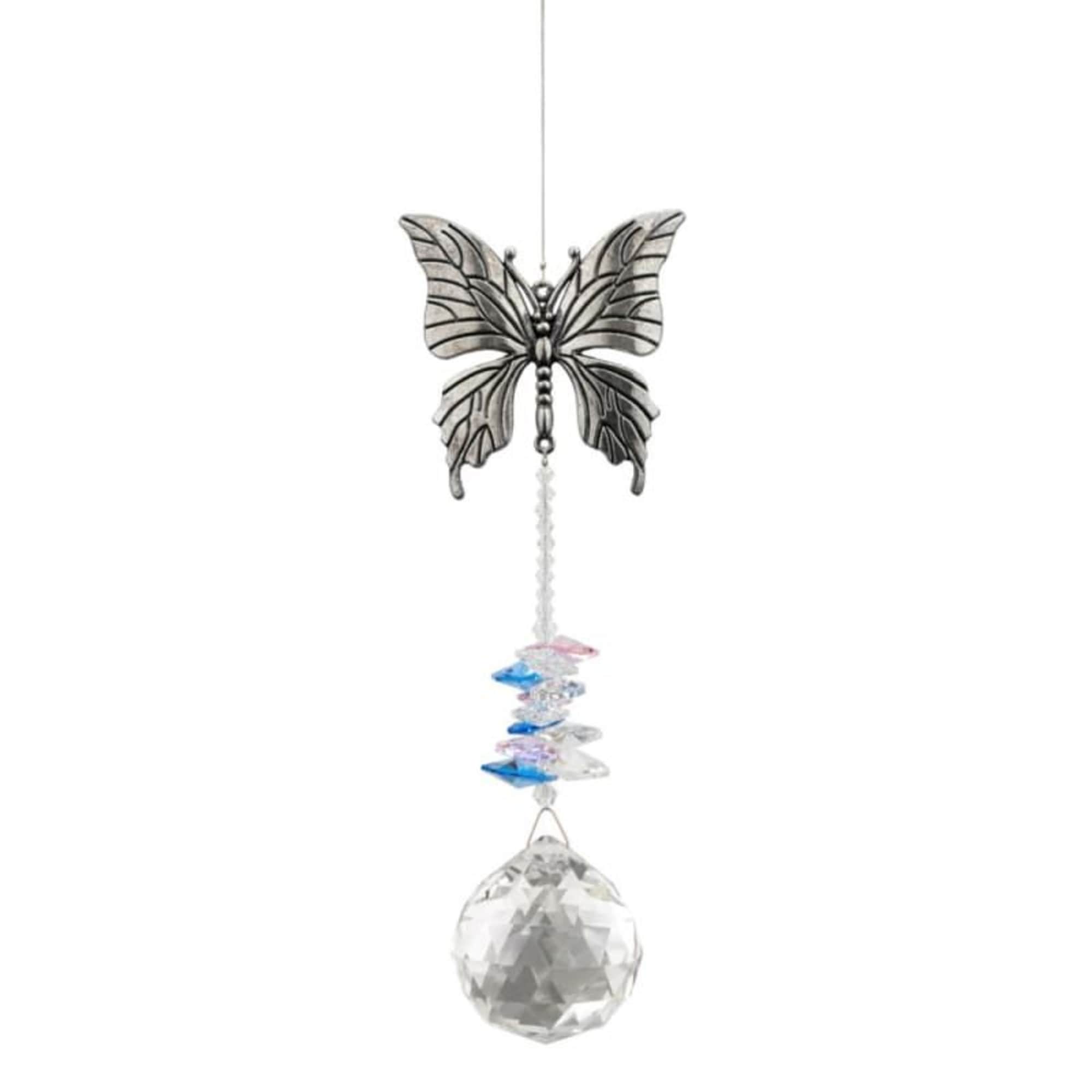 Hanging butterfly suncatcher with silver butterfly, crystal beads, and a faceted clear crystal ball.