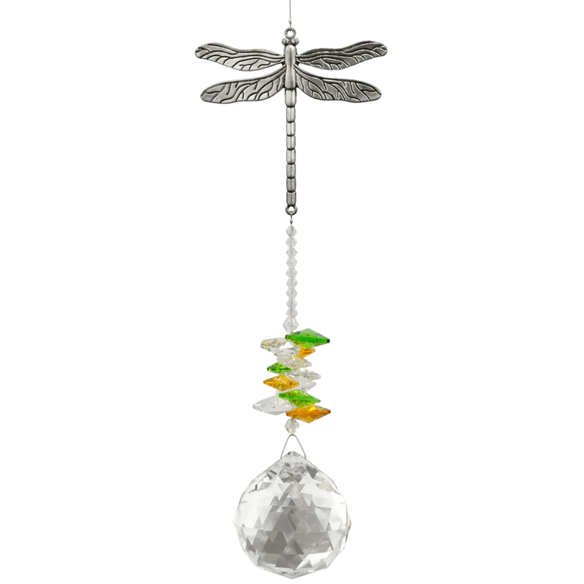 Metal dragonfly suncatcher with clear faceted crystal ball and colored crystal beads.