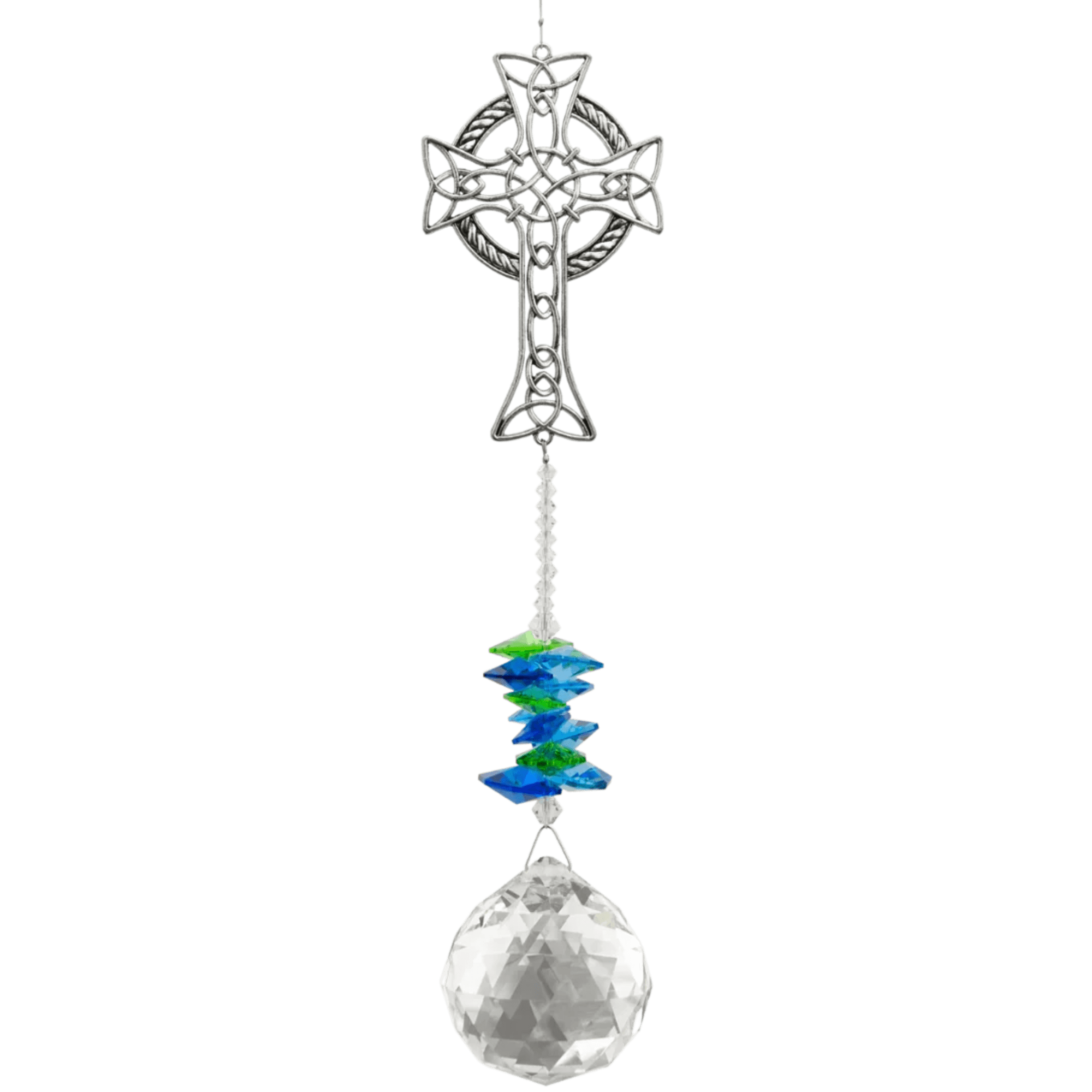Hanging Celtic cross ornament with blue-green beads and a faceted clear crystal ball
