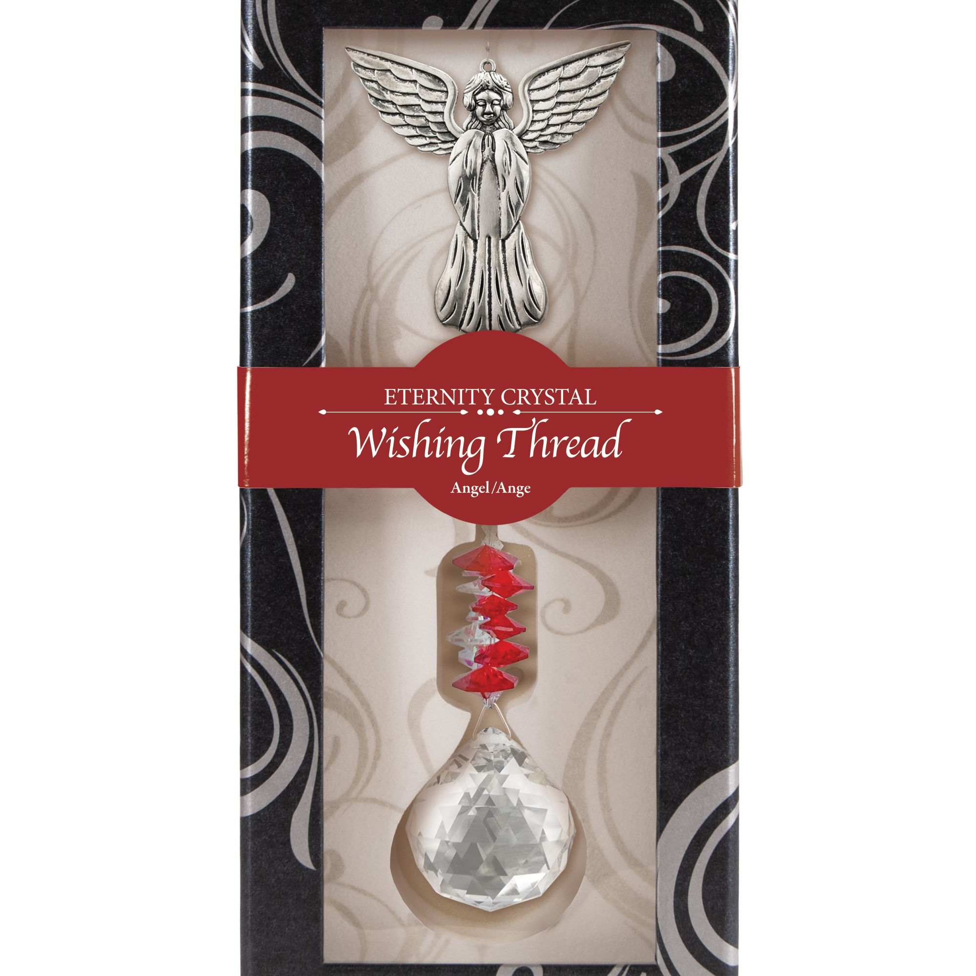 Boxed crystal wishing thread with silver angel and faceted clear drop pendant