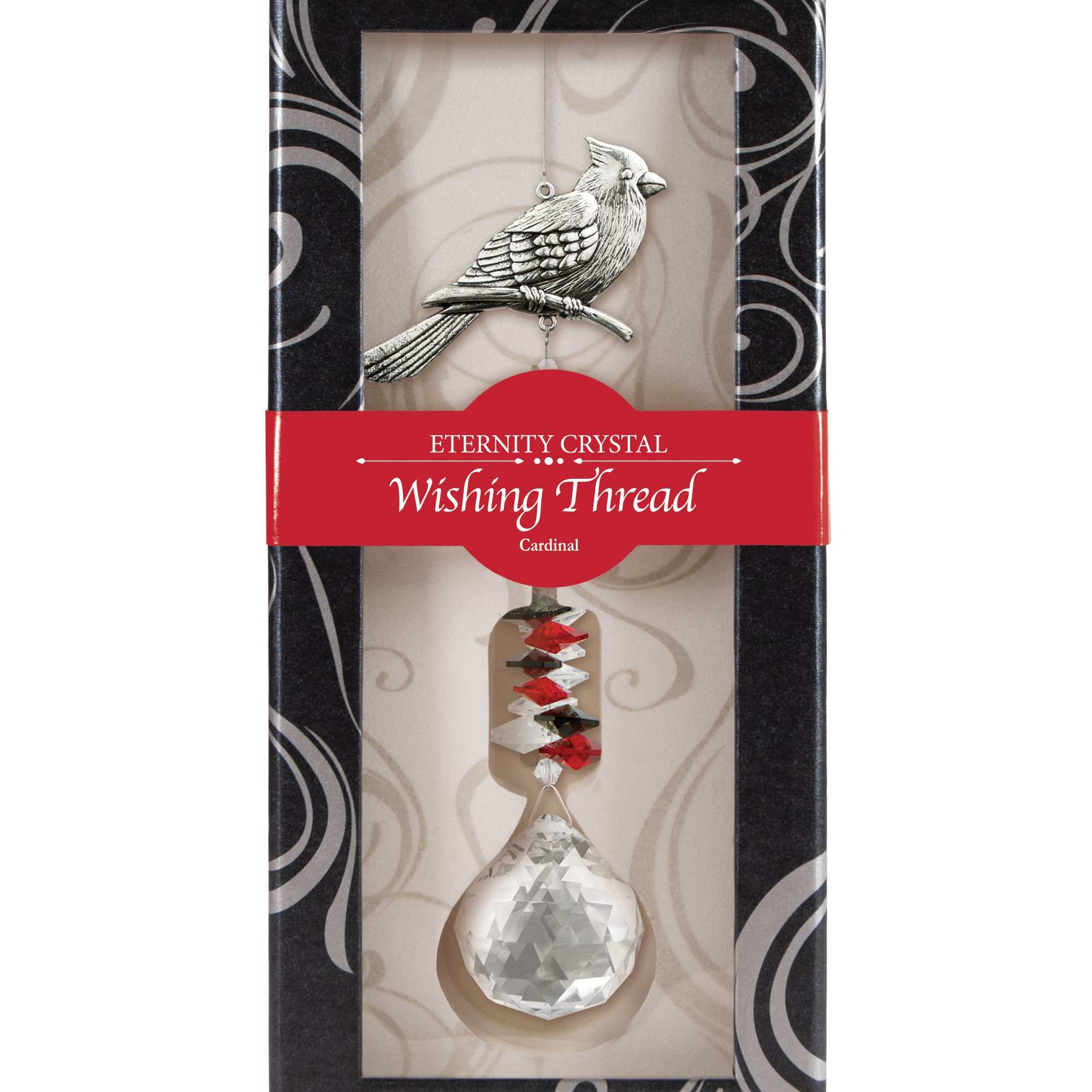 Boxed crystal hanging ornament with a silver bird charm and faceted teardrop crystal.