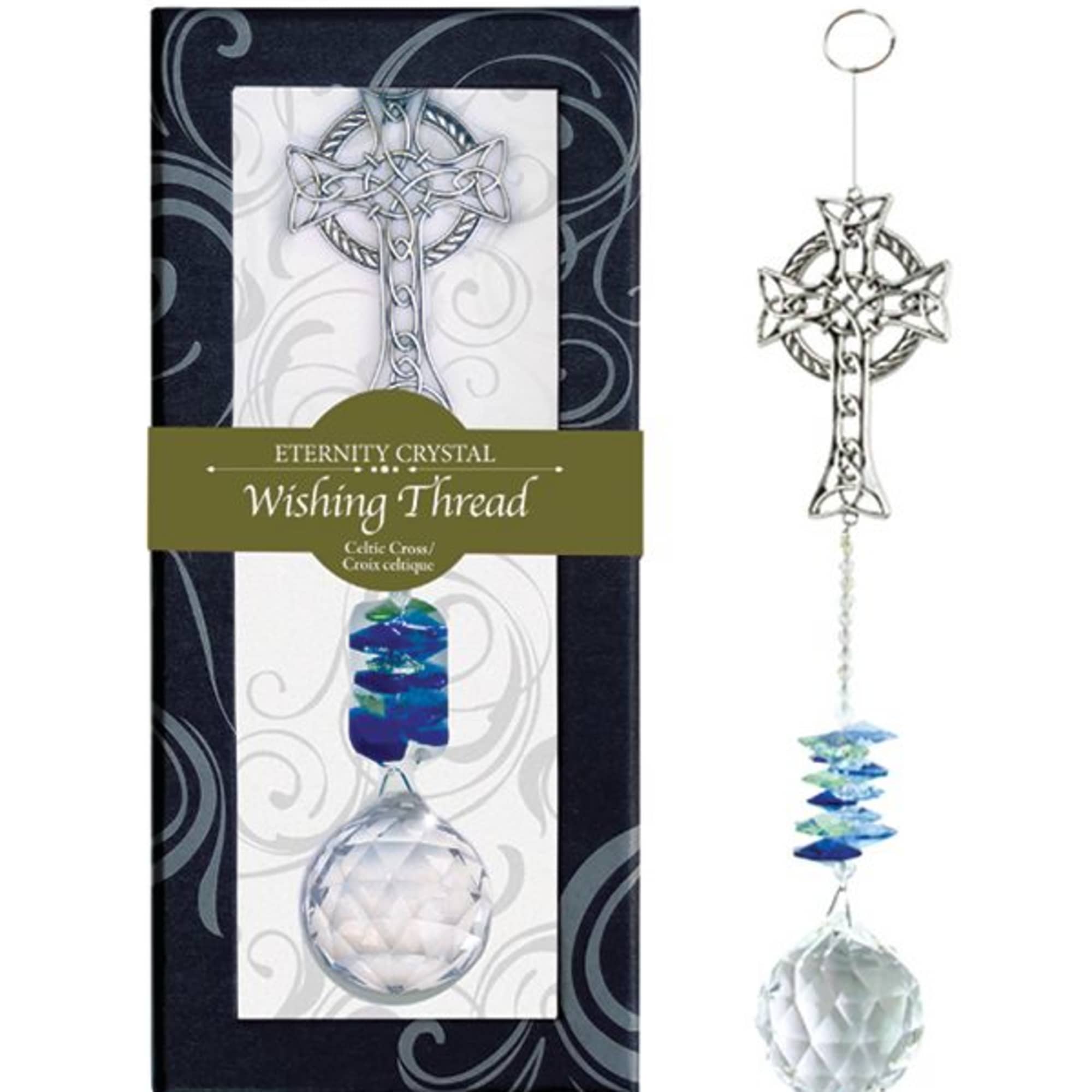 Celtic cross crystal hanging ornament with blue beads shown next to its decorative gift box