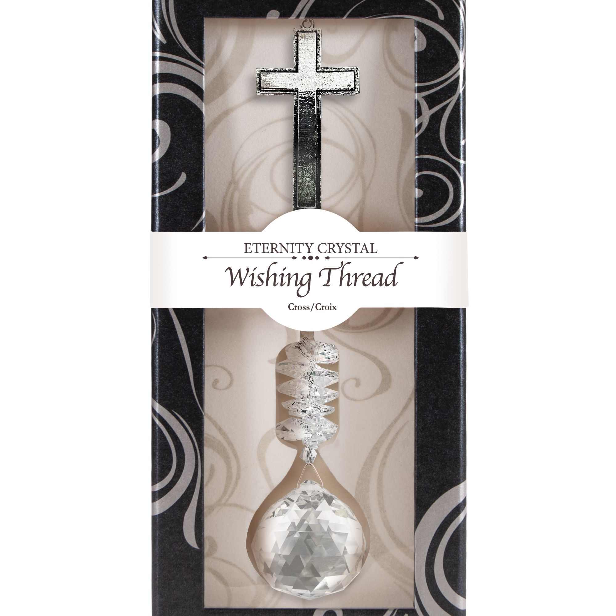 Packaged hanging crystal cross and faceted crystal ornament in a decorative black box