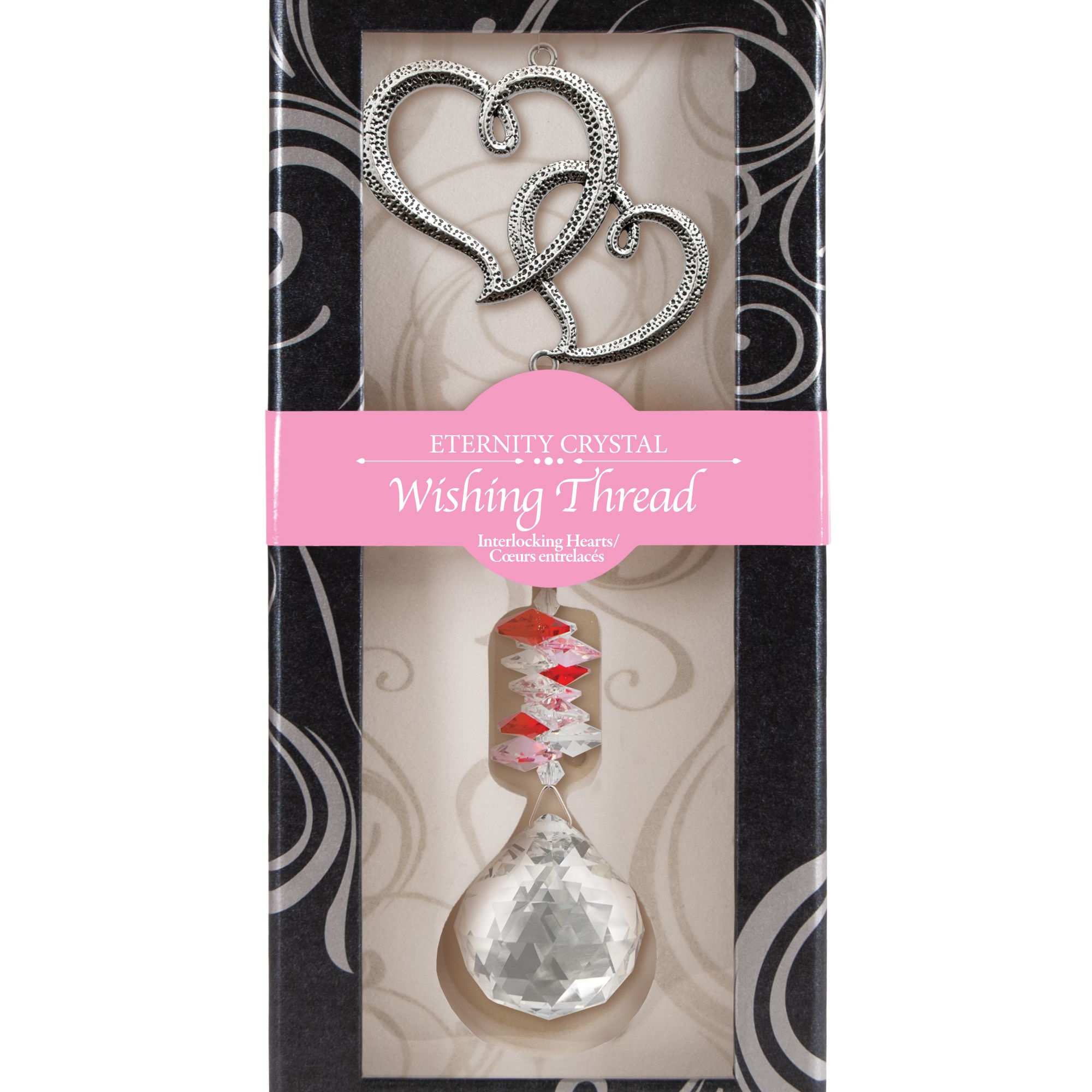Boxed crystal hanging ornament with interlocking silver hearts and a faceted teardrop.