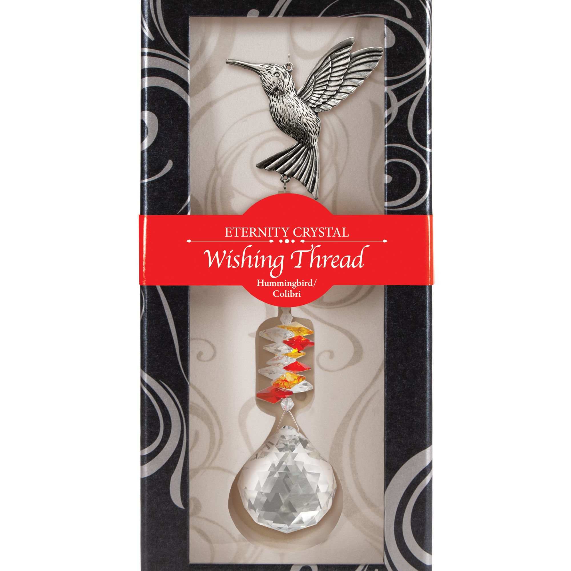 Crystal hummingbird wishing thread ornament in a decorative black gift box