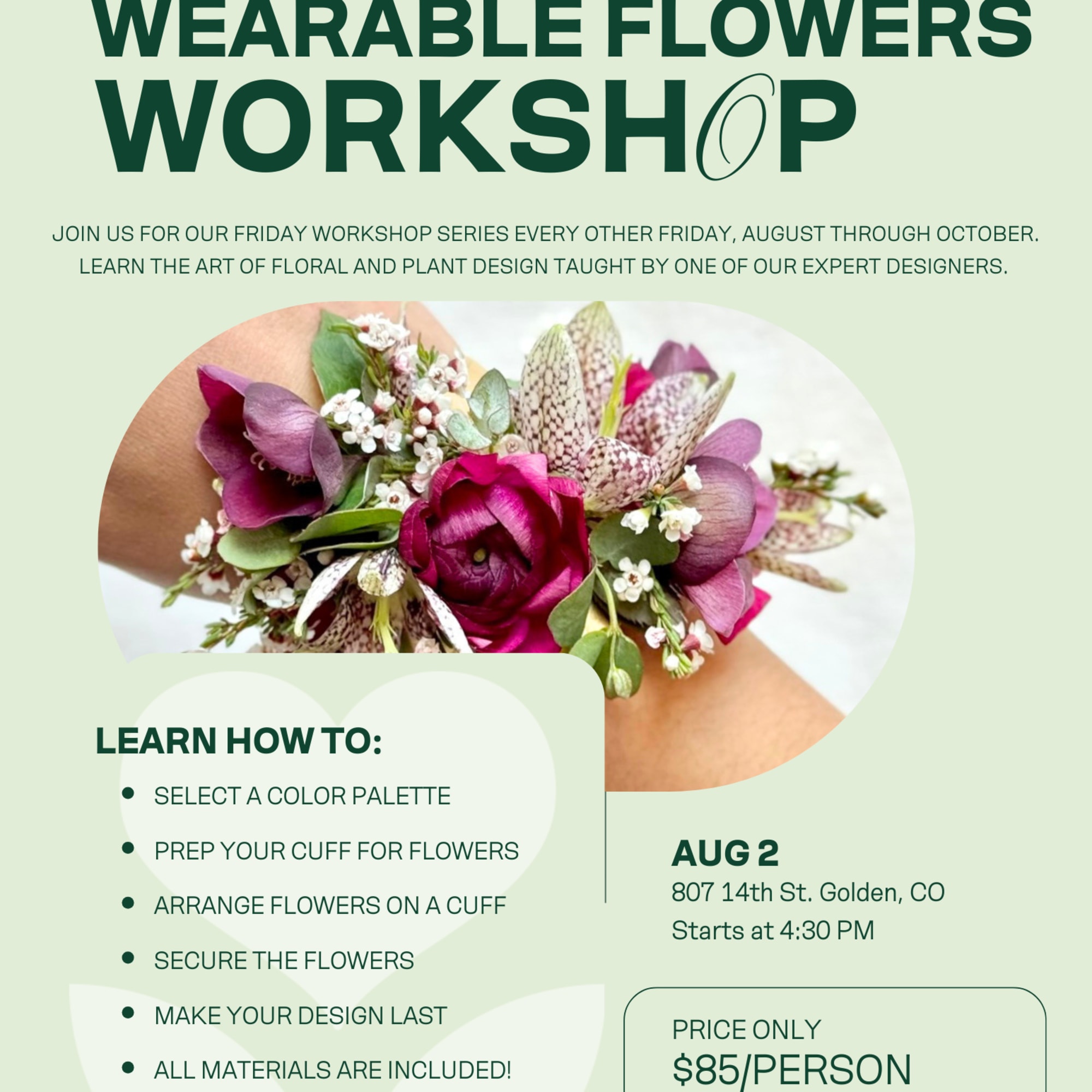 Workshop flyer showing a floral wrist cuff with pink and purple blooms