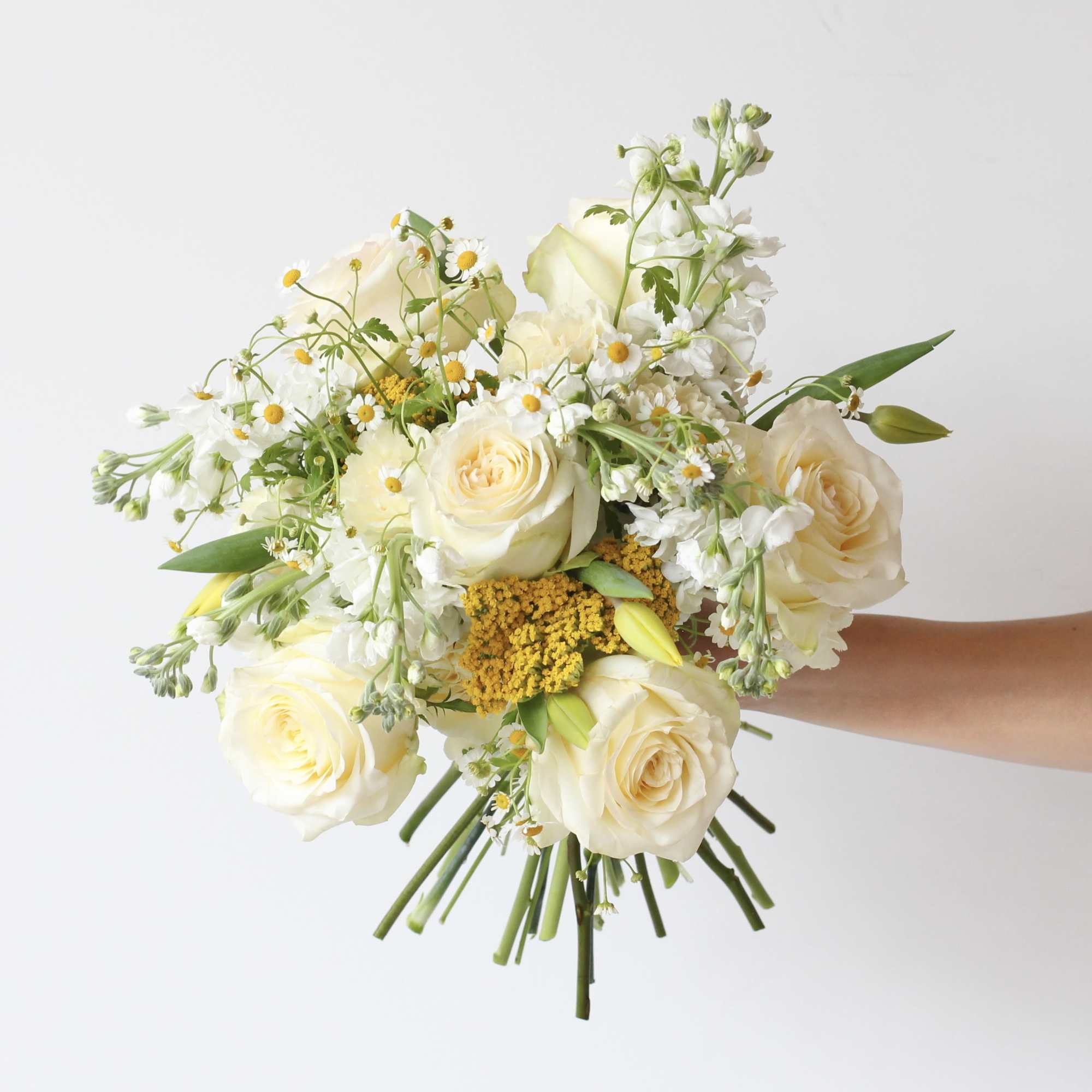 Handheld bouquet of cream roses and small white flowers