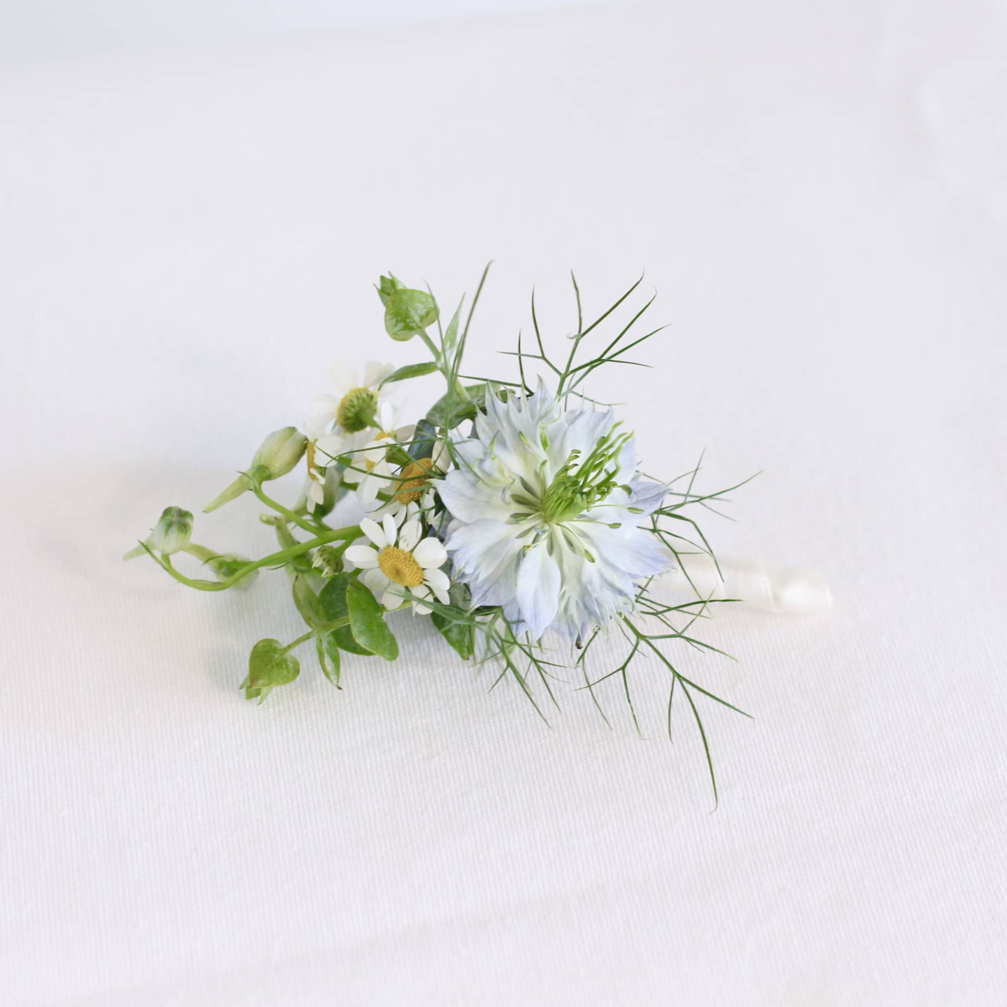 Small white flower boutonniere with green accents