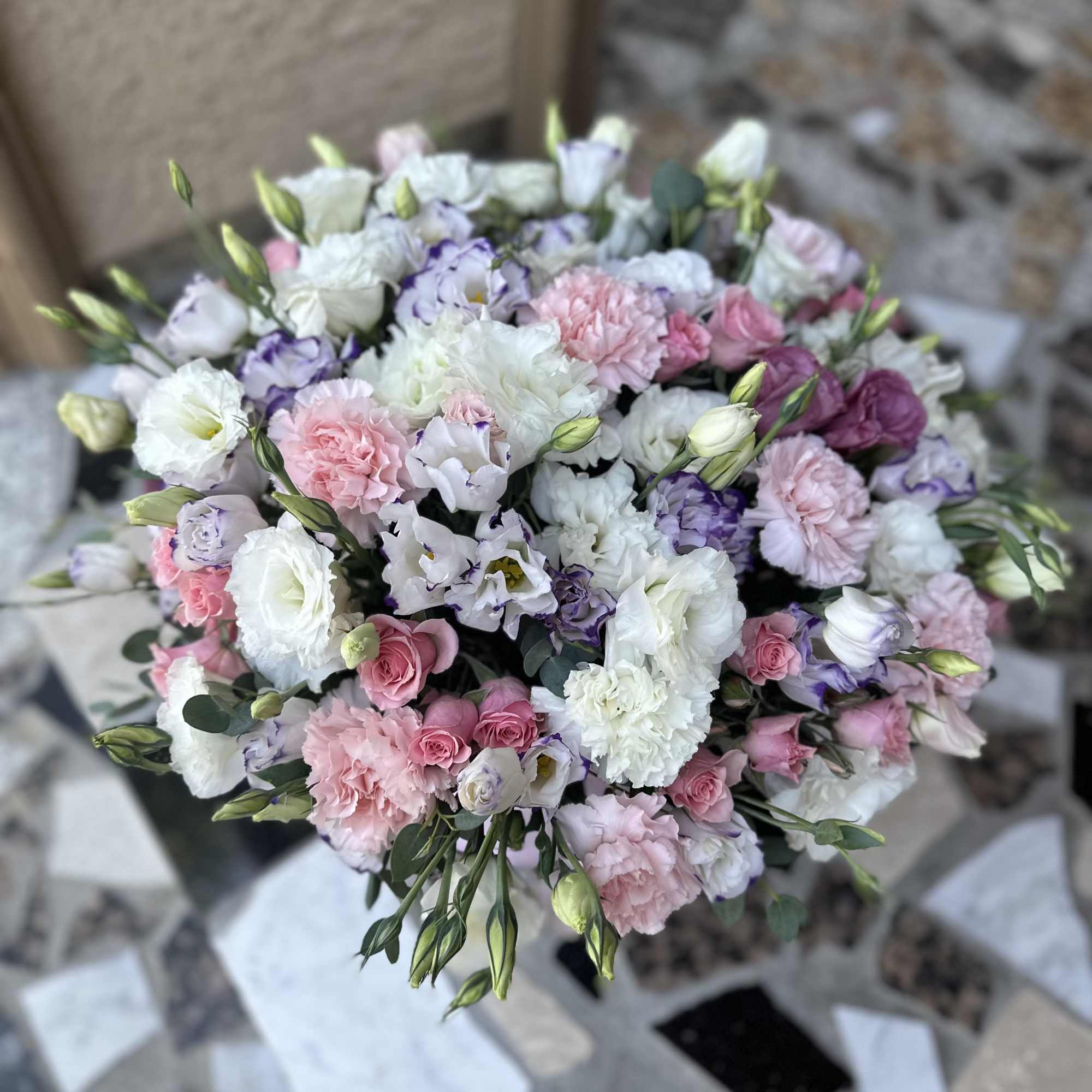 Large bouquet of pink, white, and lavender flowers