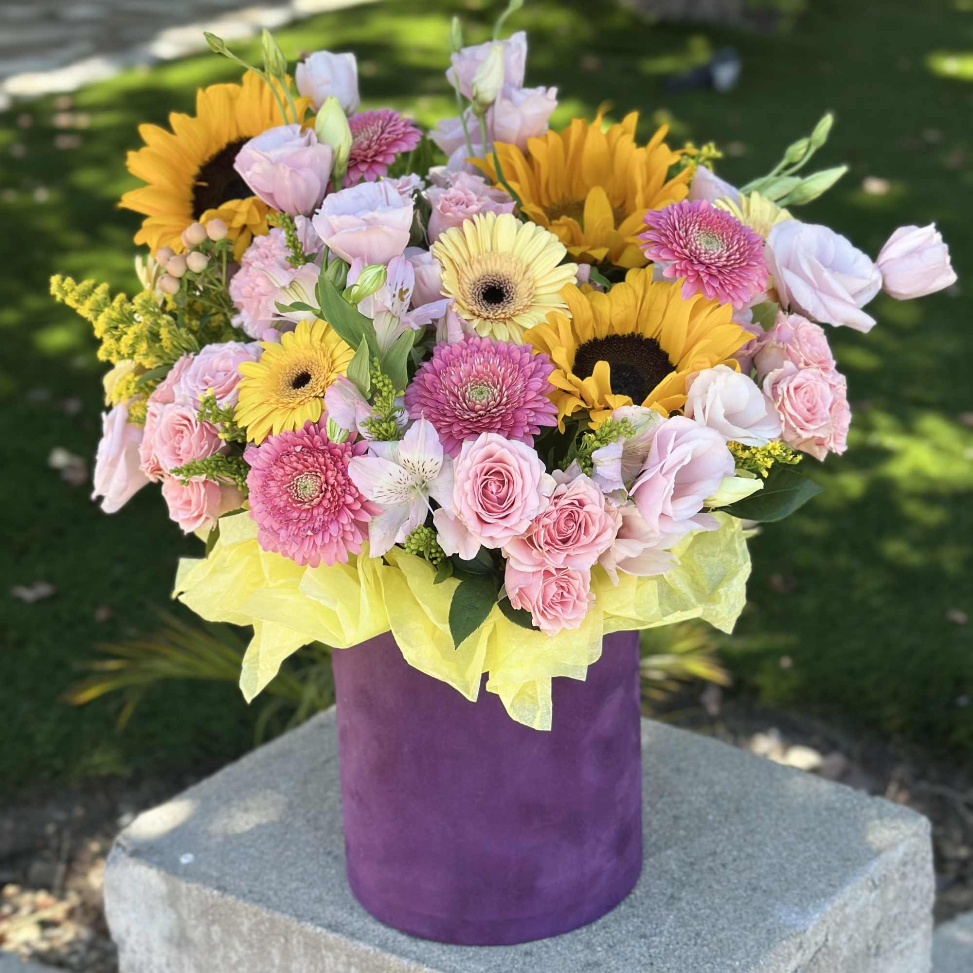 Mixed bouquet with sunflowers, pink roses, and gerbera daisies in a purple vase, photo 4 of 4
