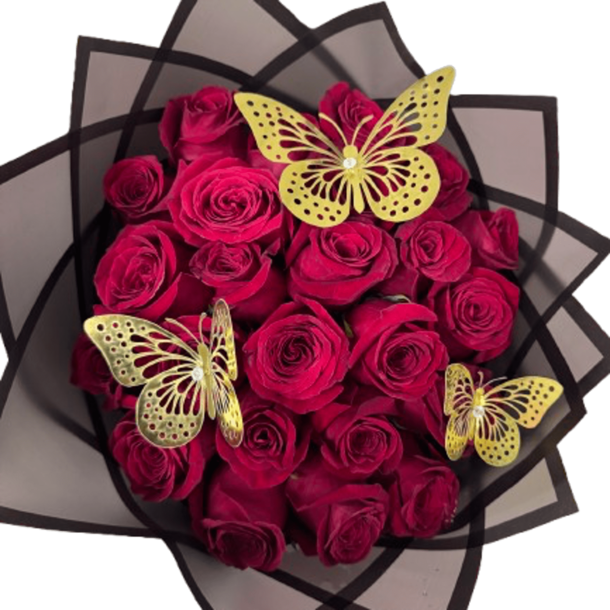 Round bouquet of deep red roses wrapped in black paper with three gold butterfly decorations.