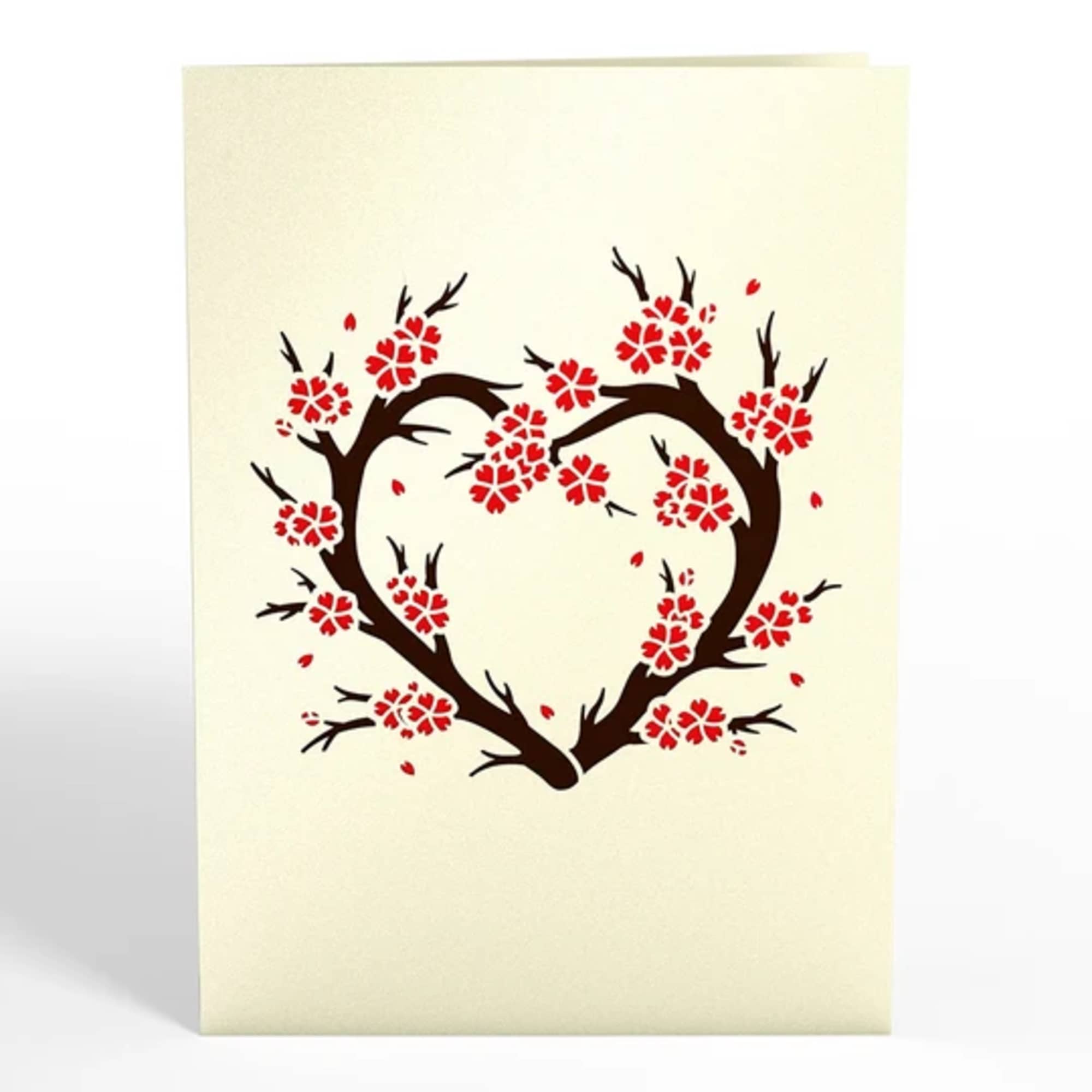 Greeting card with a heart-shaped branch design and red blossoms