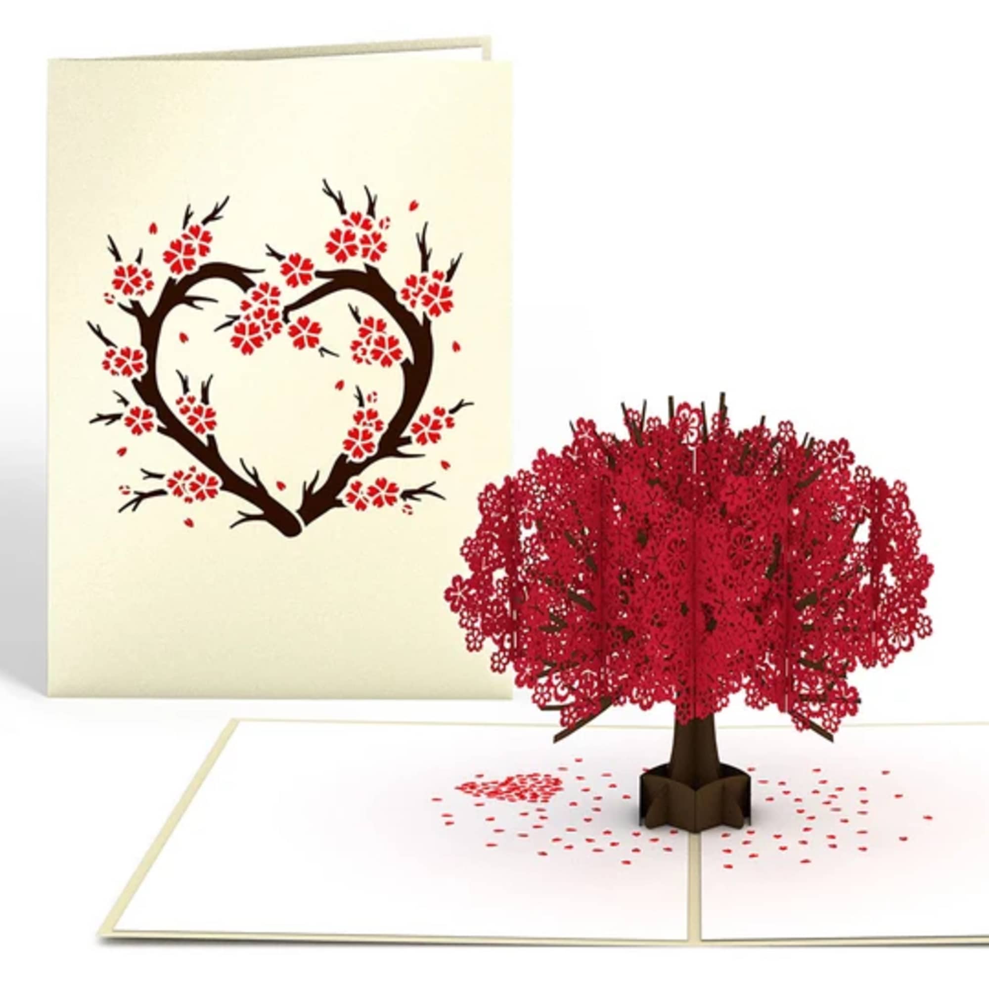 Pop-up card with a heart-shaped tree and red blossoms