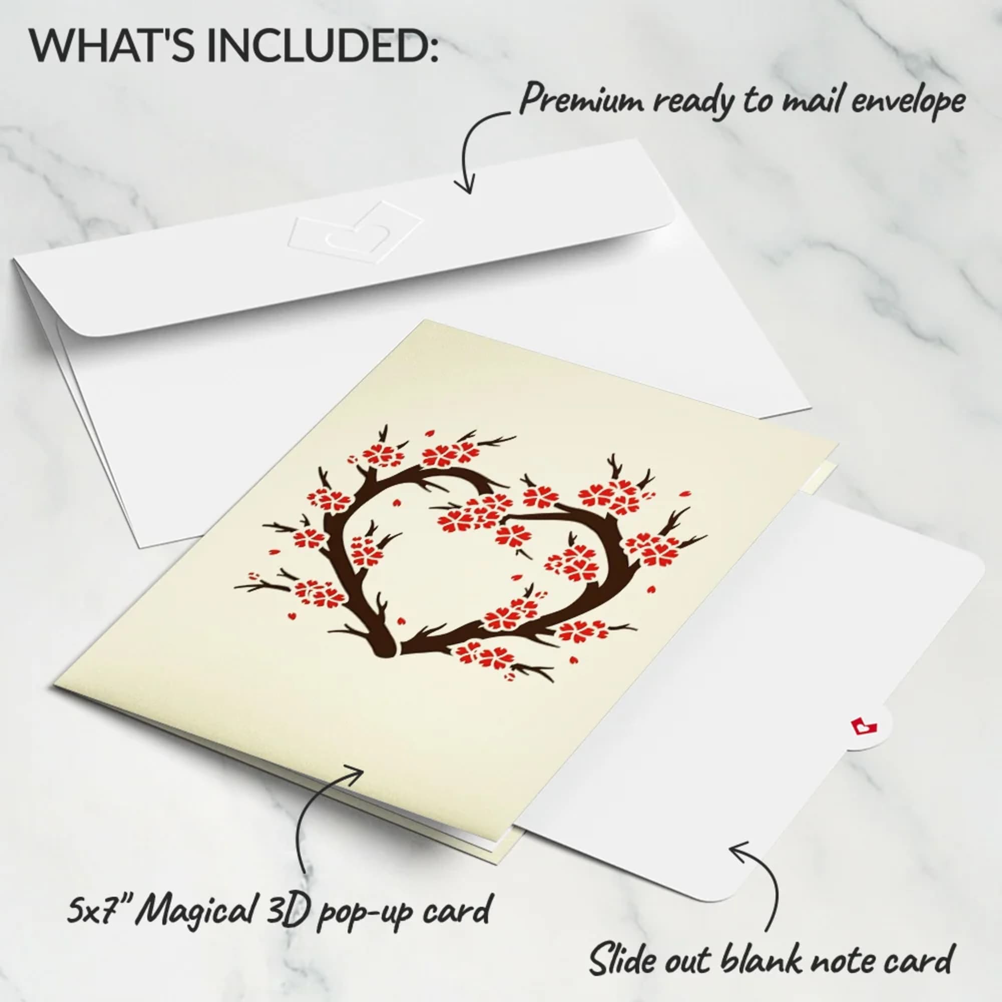 Pop-up greeting card with a heart-shaped floral branch design and envelope