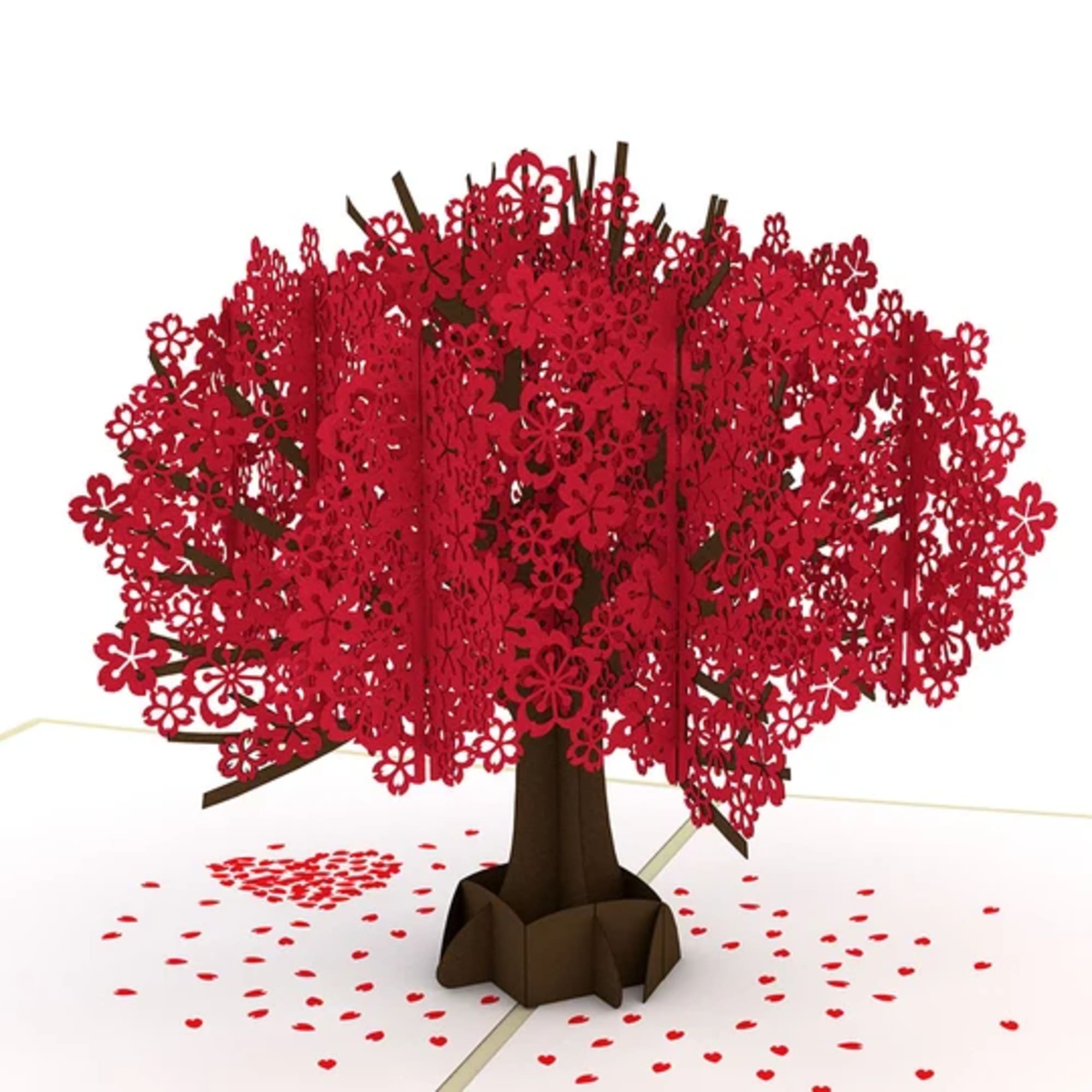 Red paper flower tree with a brown trunk and scattered heart confetti