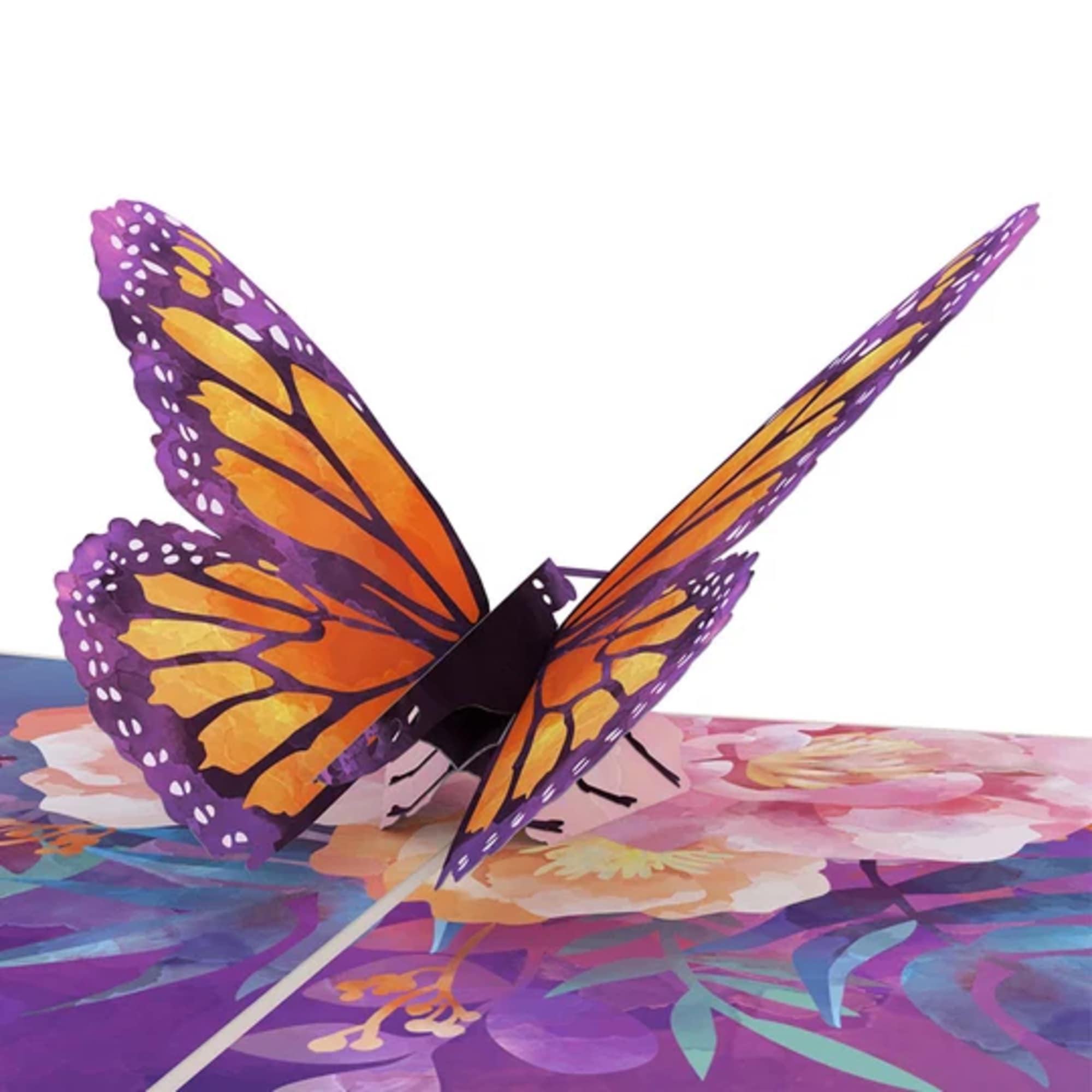 Purple and orange butterfly pop-up card on a floral background