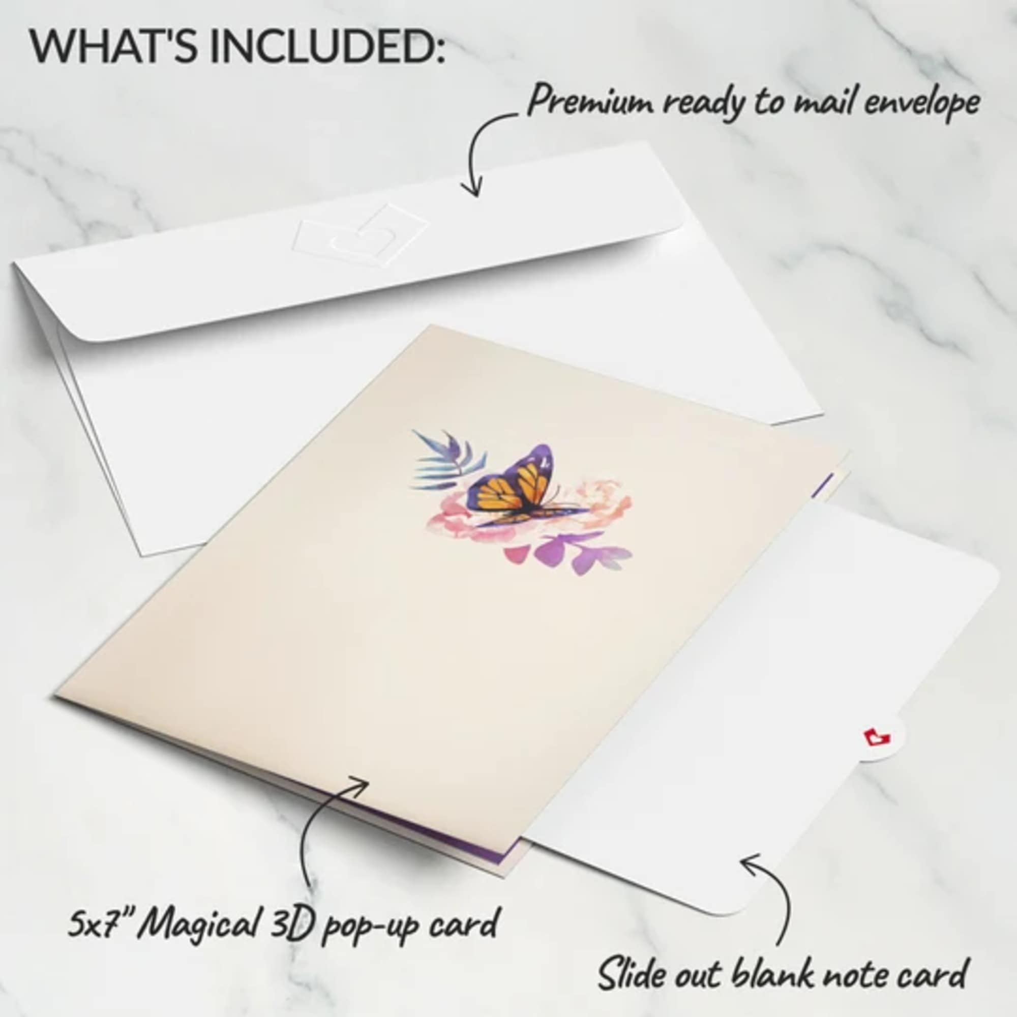 Blank envelope with a 3D butterfly pop-up card and note card
