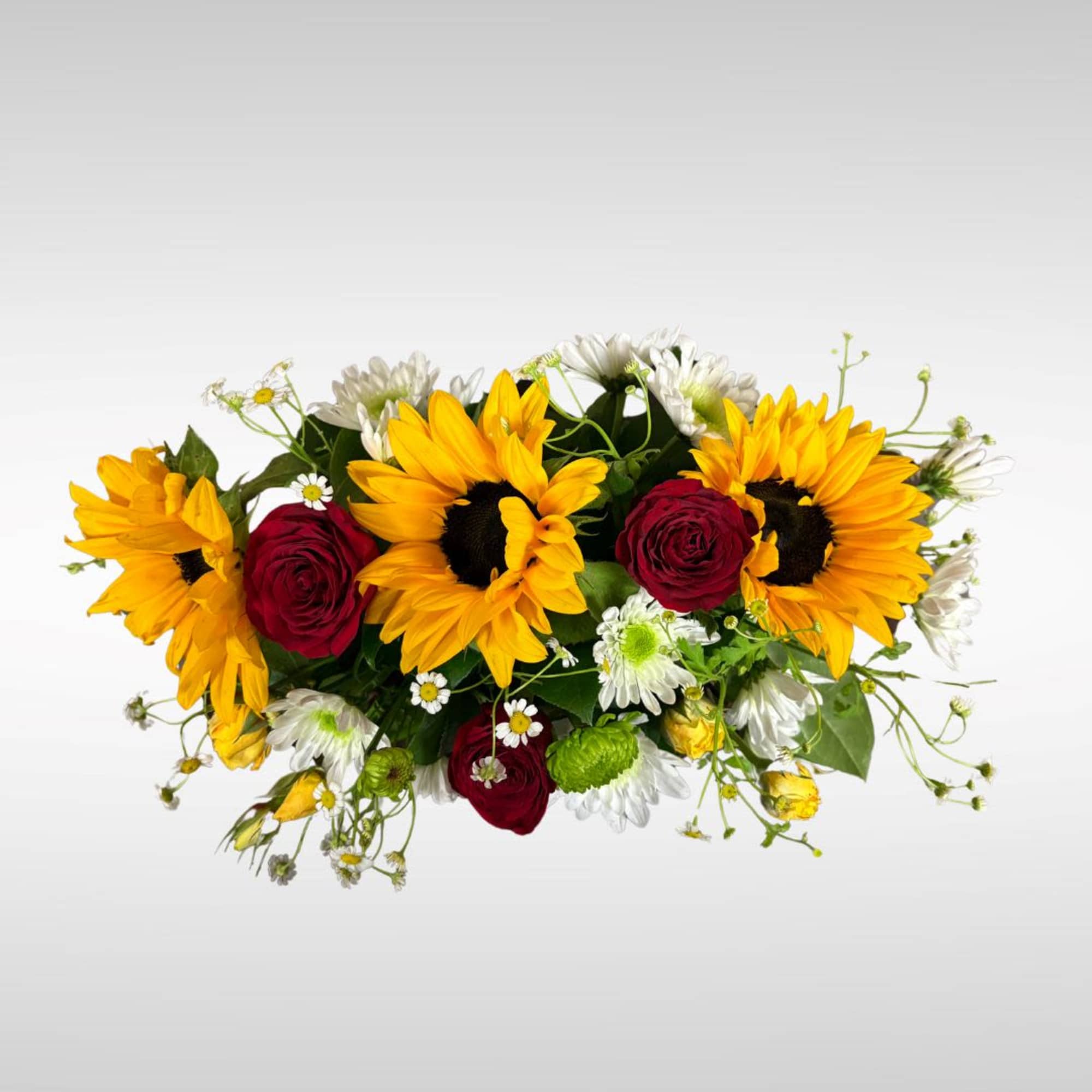 Bouquet of yellow sunflowers, red roses, and white daisies