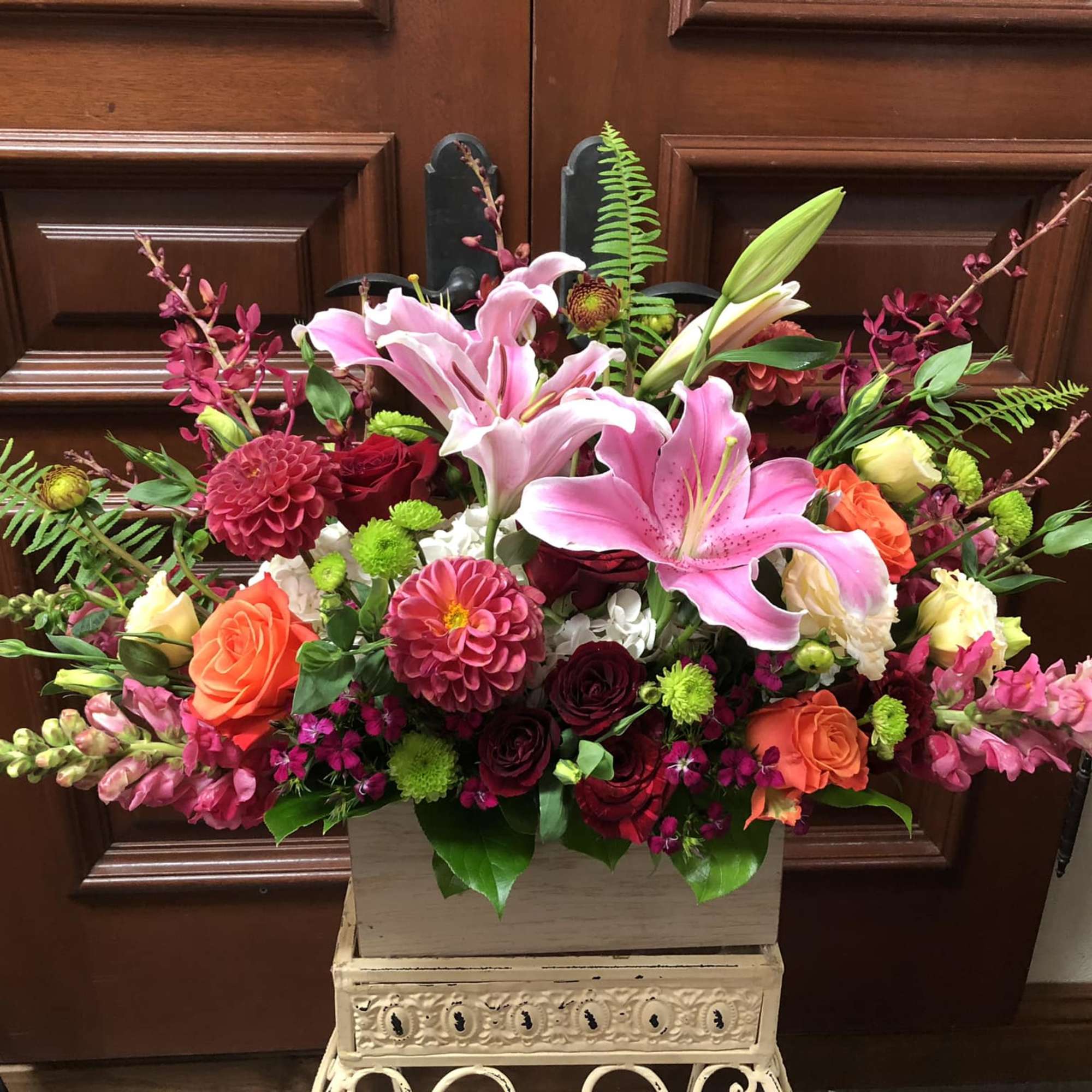 Recipe: Seasonal Dahlias, Burgendy Orchids, Stargazers, Orange/Pink Roses, Pink Snapdragons, Red Spray, photo 3 of 4